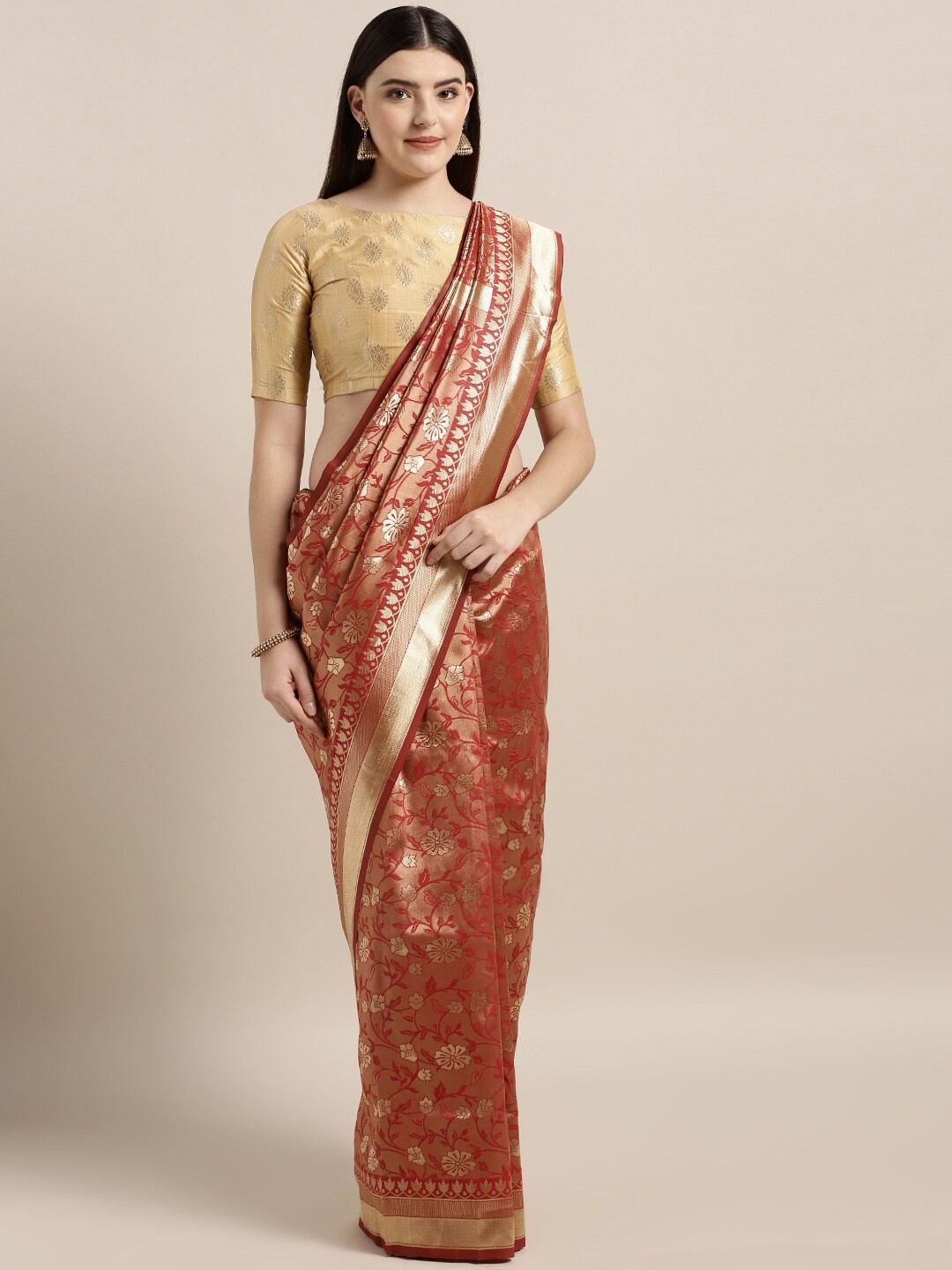 

MOKSHA DESIGNS Maroon & Gold-Toned Woven Design Zari Pure Silk Banarasi Saree