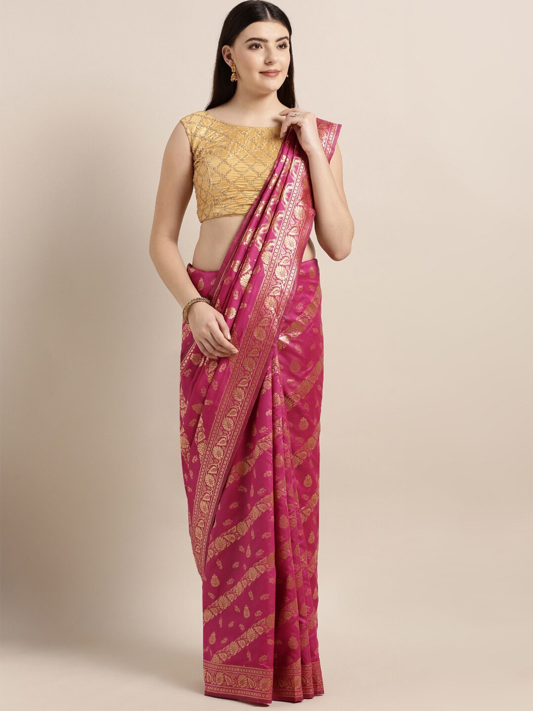

MOKSHA DESIGNS Pink & Gold-Toned Woven Design Pure Silk Banarasi Saree