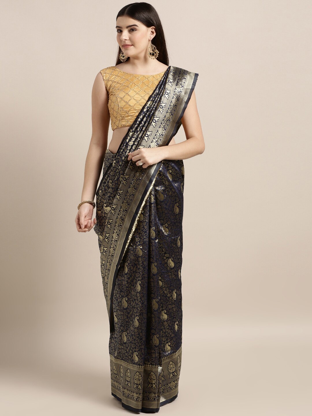 

MOKSHA DESIGNS Navy Blue & Gold-Toned Woven Design Zari Pure Silk Banarasi Saree