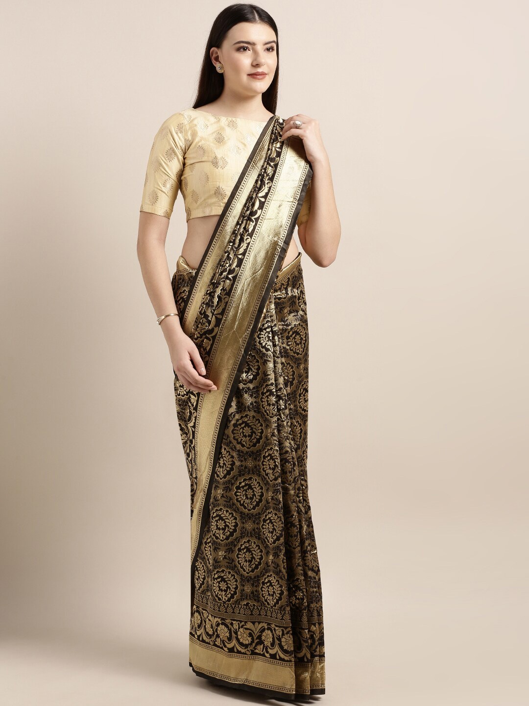 

MOKSHA DESIGNS Gold-Toned & Black Woven Design Zari Pure Silk Banarasi Saree