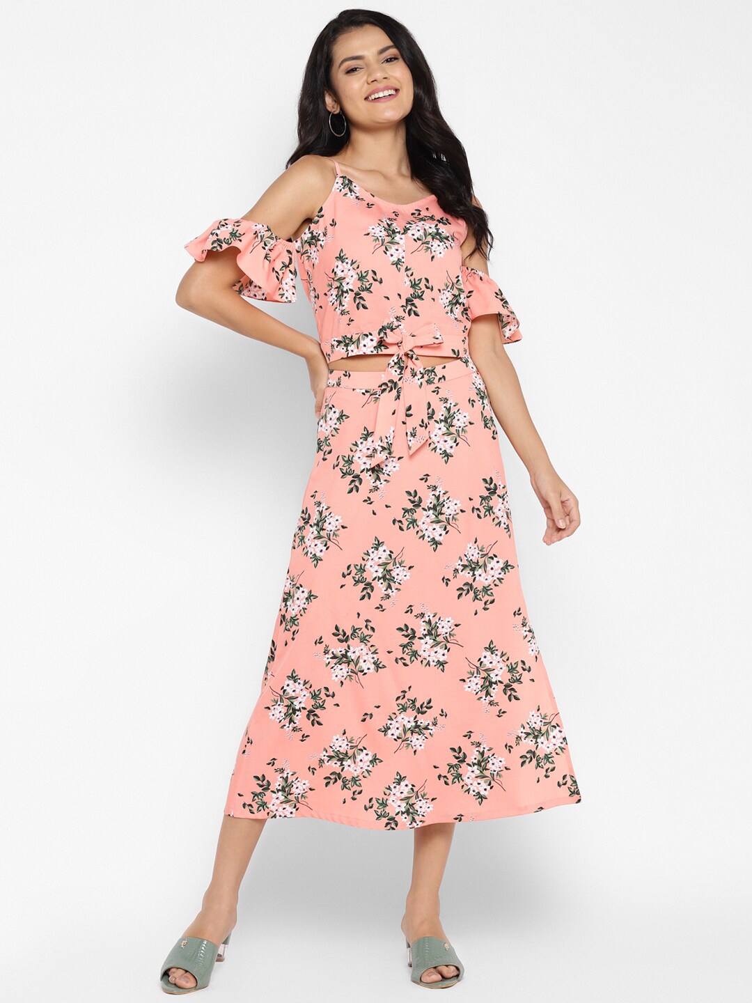 

DEEBACO Women Peach-Coloured & White Printed Top with Skirt
