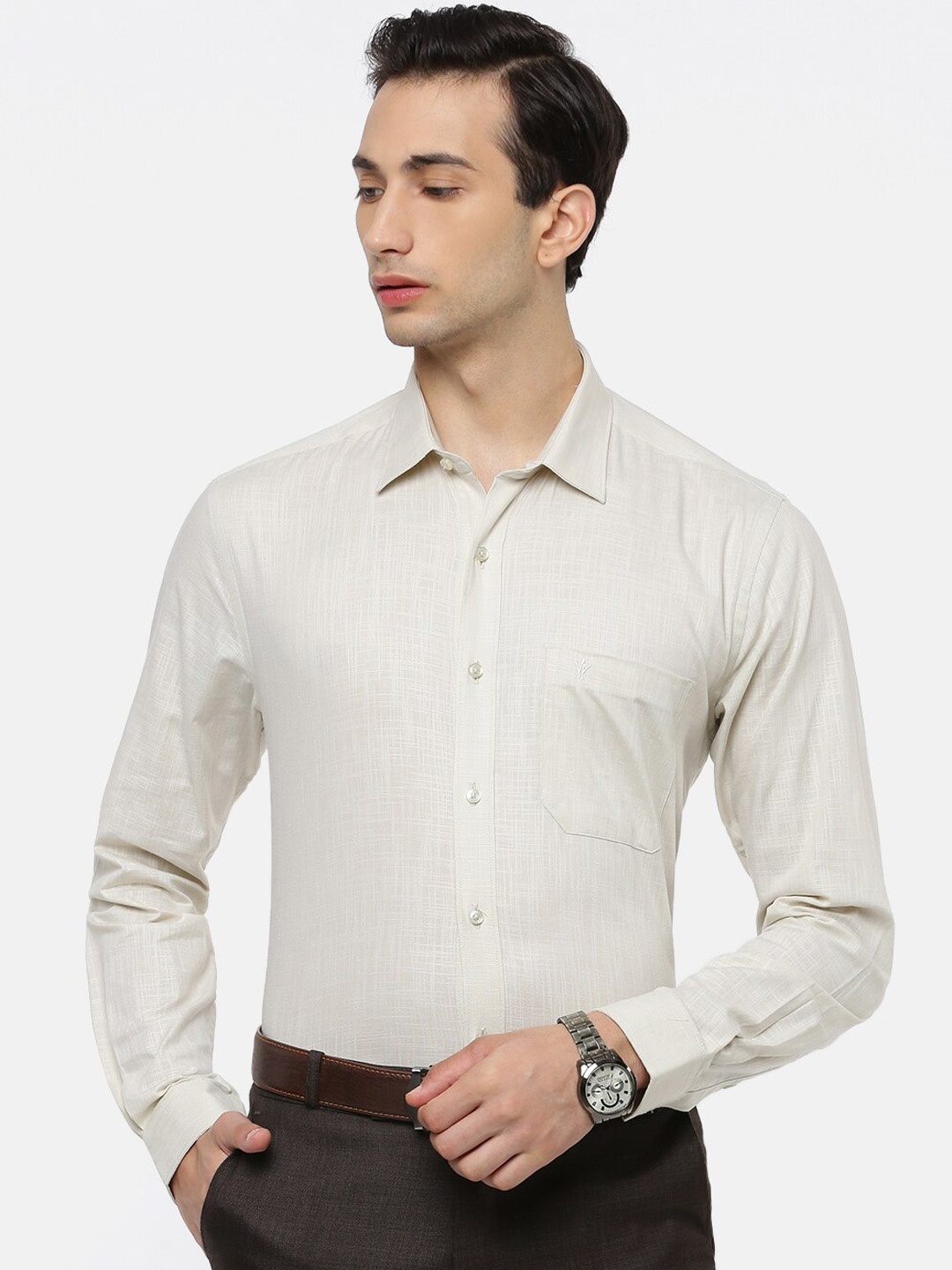

Ramraj Men Cream-Coloured Slim Fit Opaque Formal Shirt