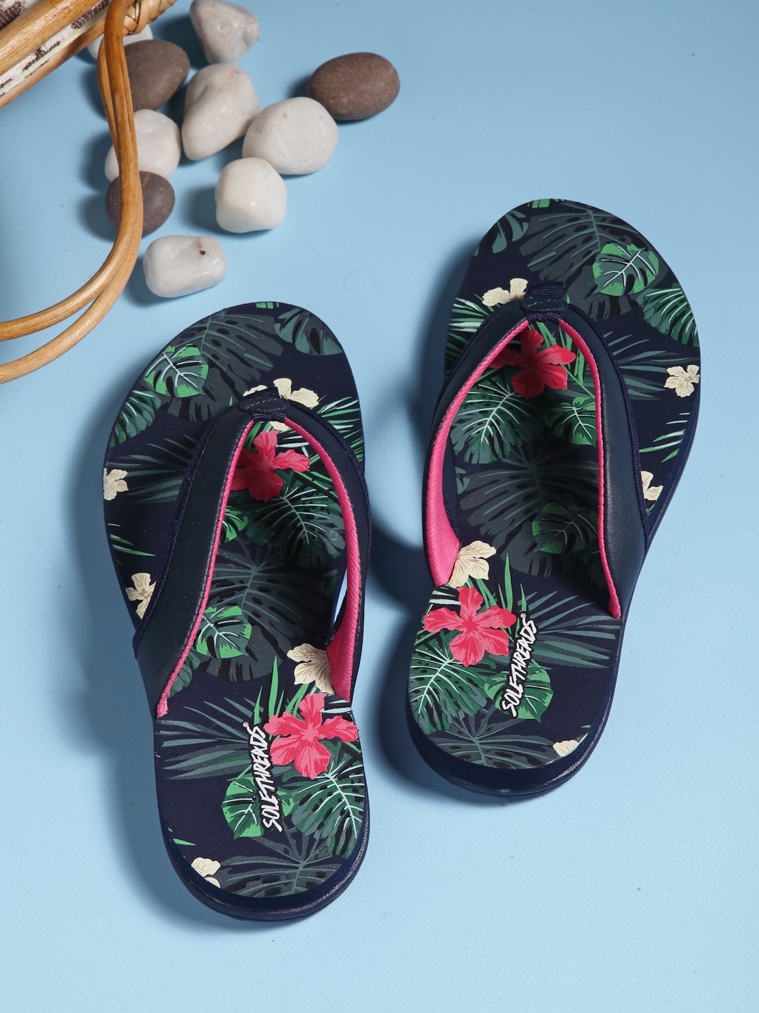 

Solethreads Women Navy Blue & Green Tropical Printed Sliders