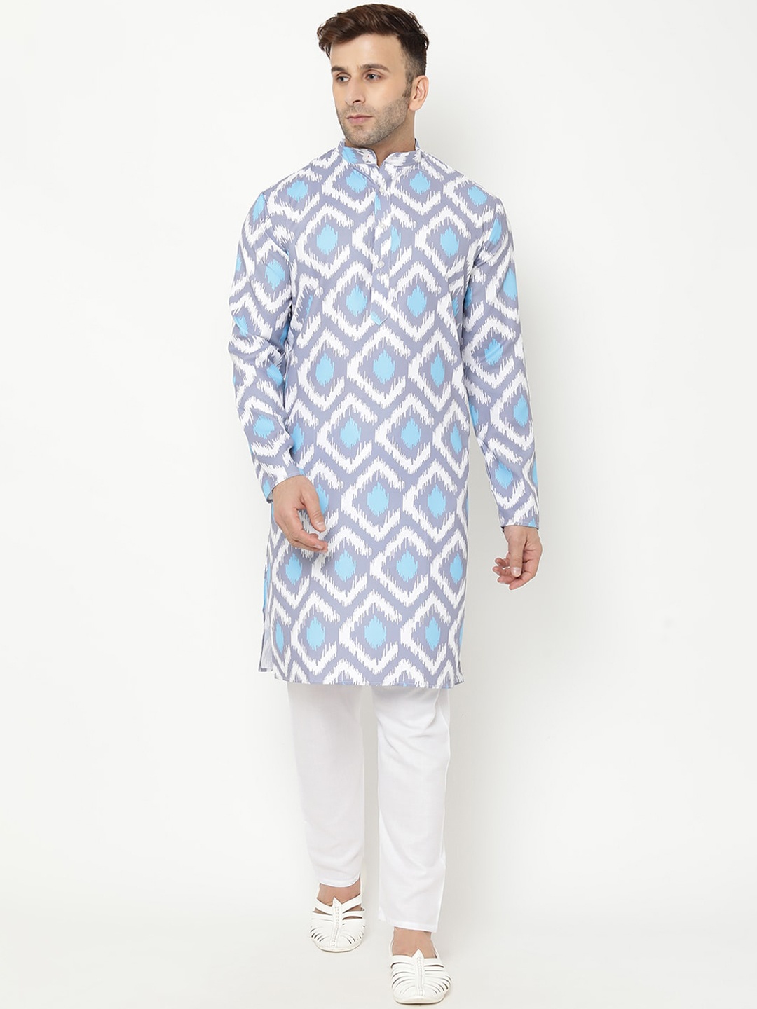 

Hangup Men Blue Geometric Printed Kurta