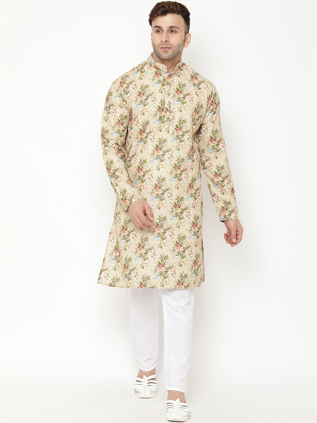 

Hangup Men Tan & Pink Floral Printed Kurta