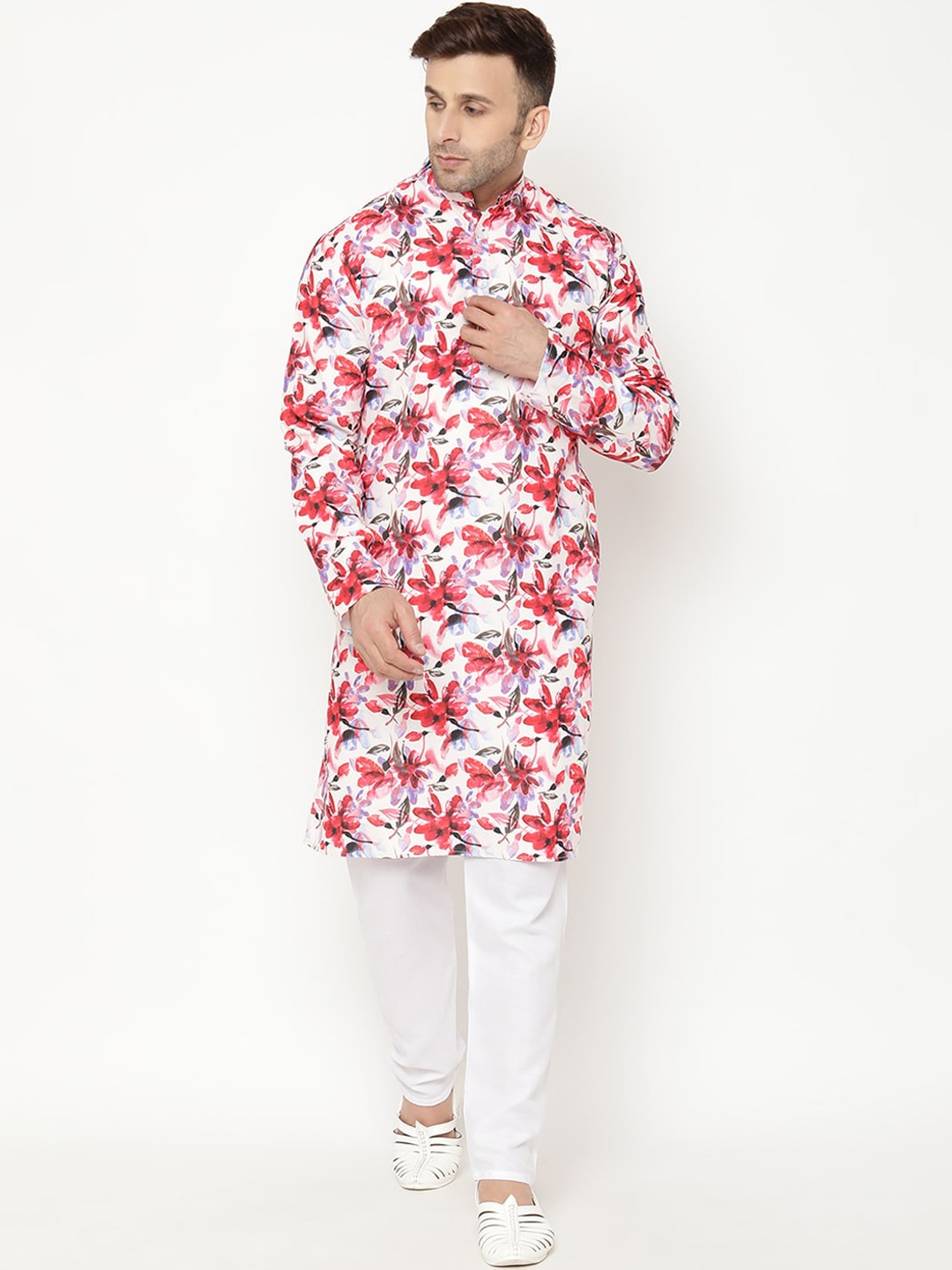 

Hangup Men Red Floral Printed Kurta