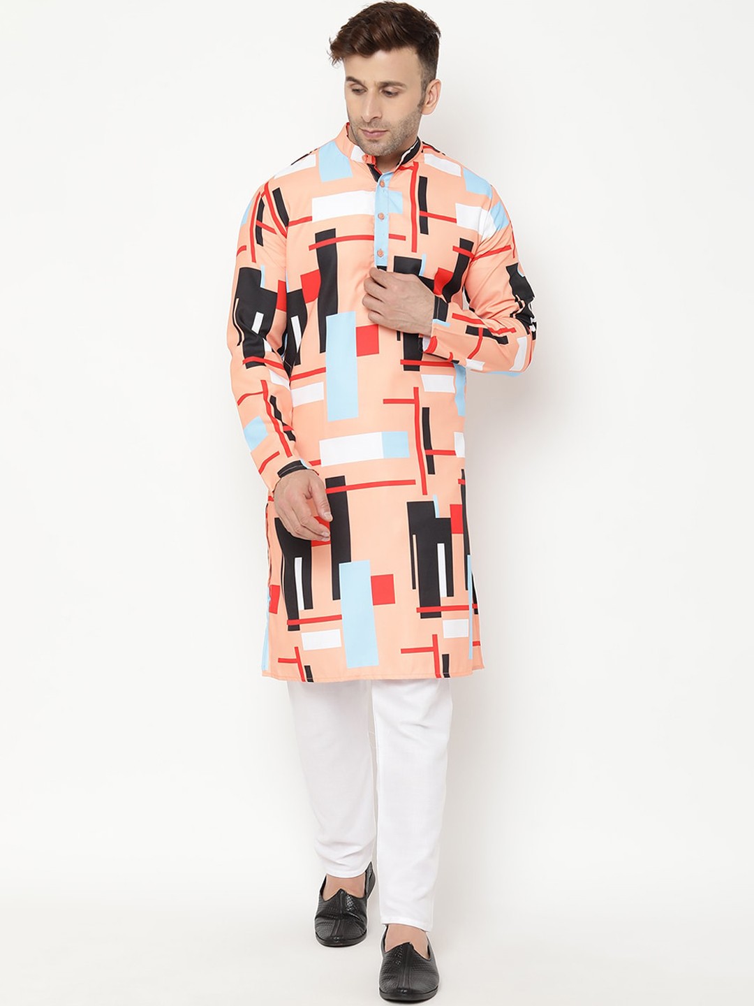

Hangup Men Orange & Black Geometric Printed Kurta
