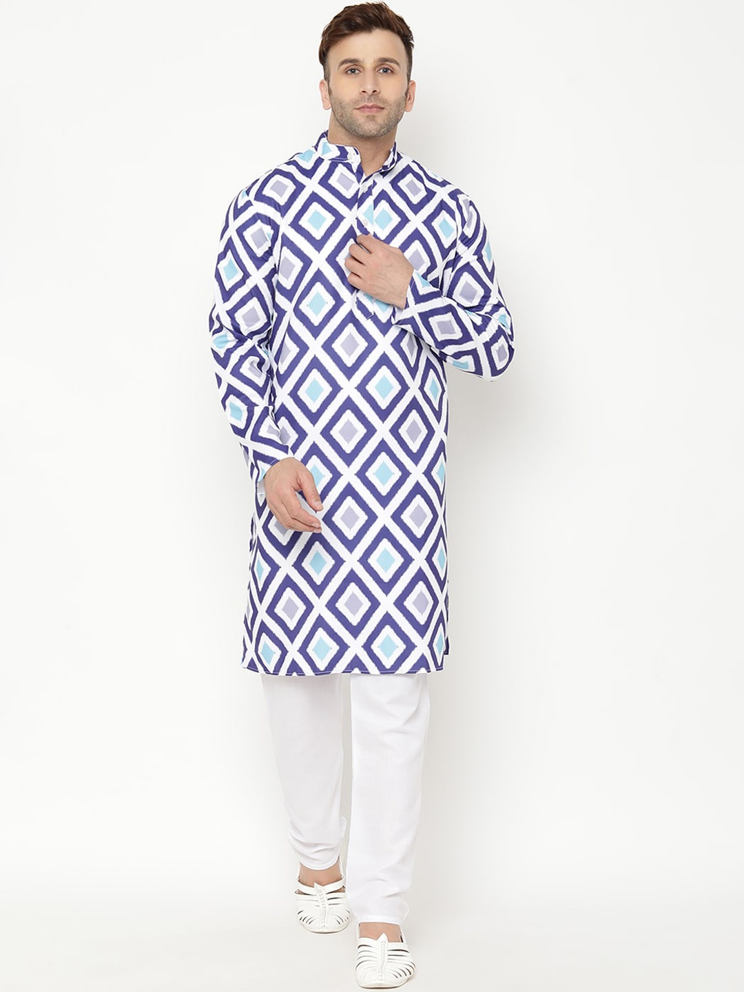 

Hangup Men Blue & White Geometric Printed Kurta