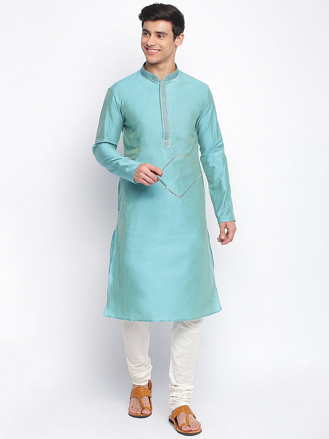 

Sanwara Men Blue & White Solid Art Silk Kurta With Churidar