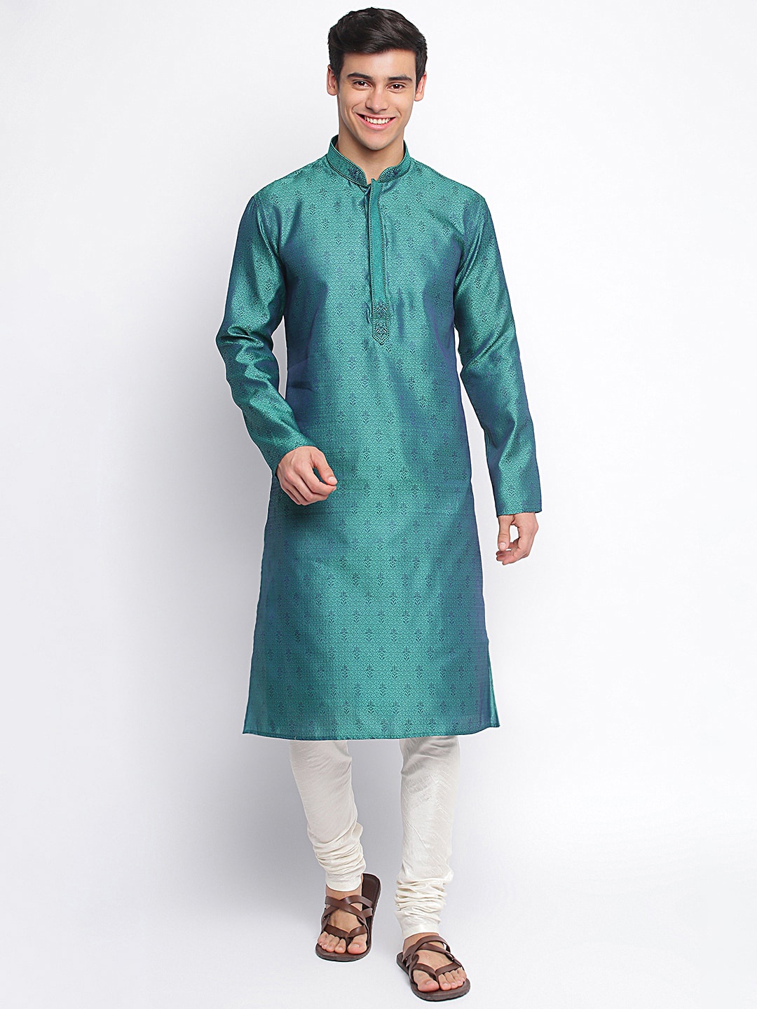 

Sanwara Men Green & White Self Design Kurta with Churidar