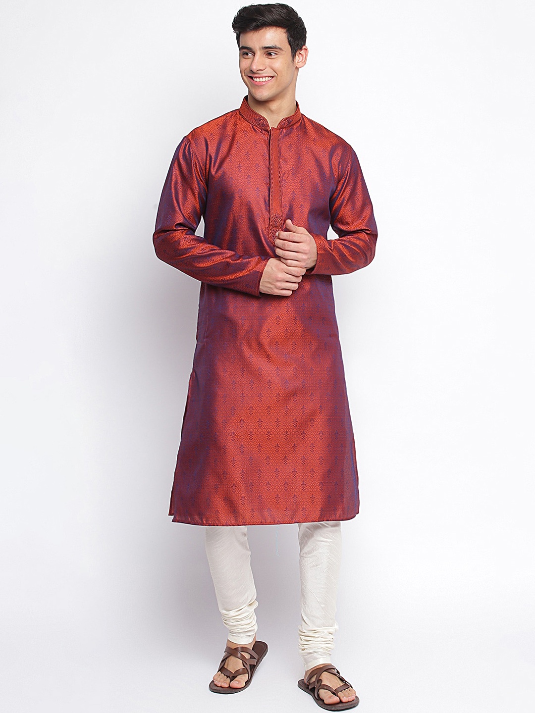 

Sanwara Men Orange Regular Art Silk Kurta with Churidar