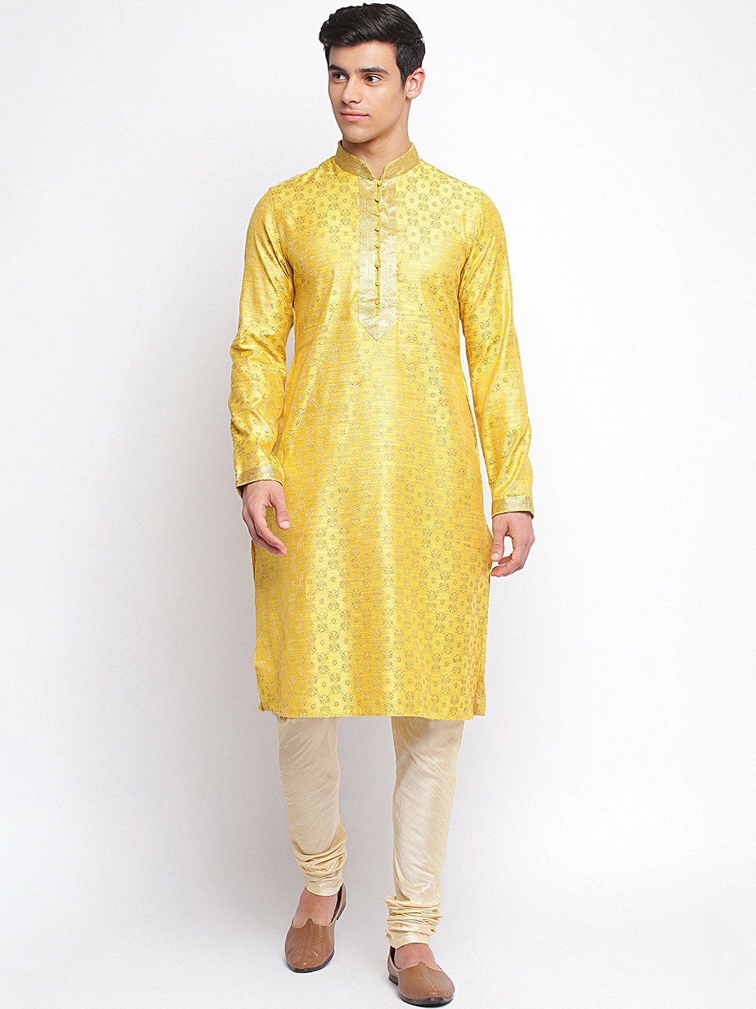 

Sanwara Men Yellow Ethnic Motifs Regular Kurta with Churidar
