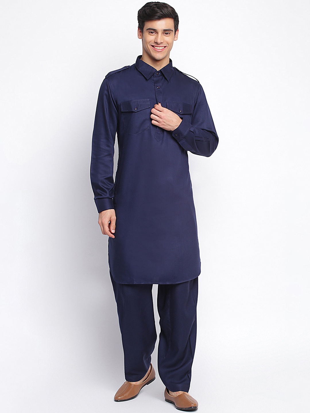 

Sanwara Men Navy Blue Pathani Kurta with Salwar
