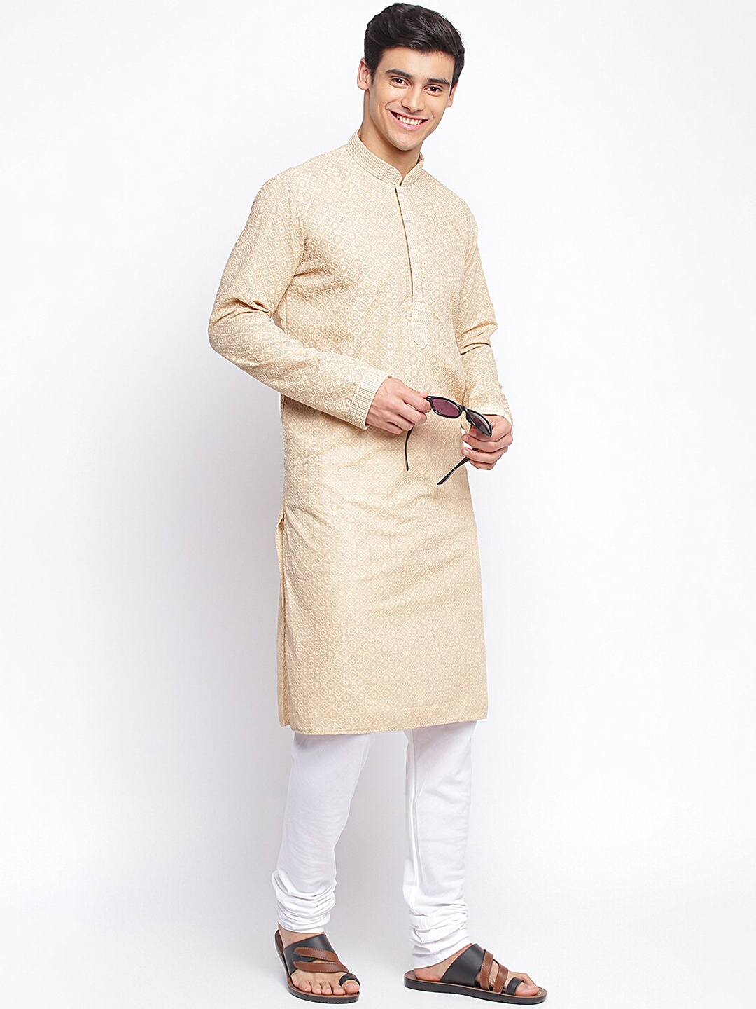 

Sanwara Men Beige & White Embroidered Kurta with Churidar