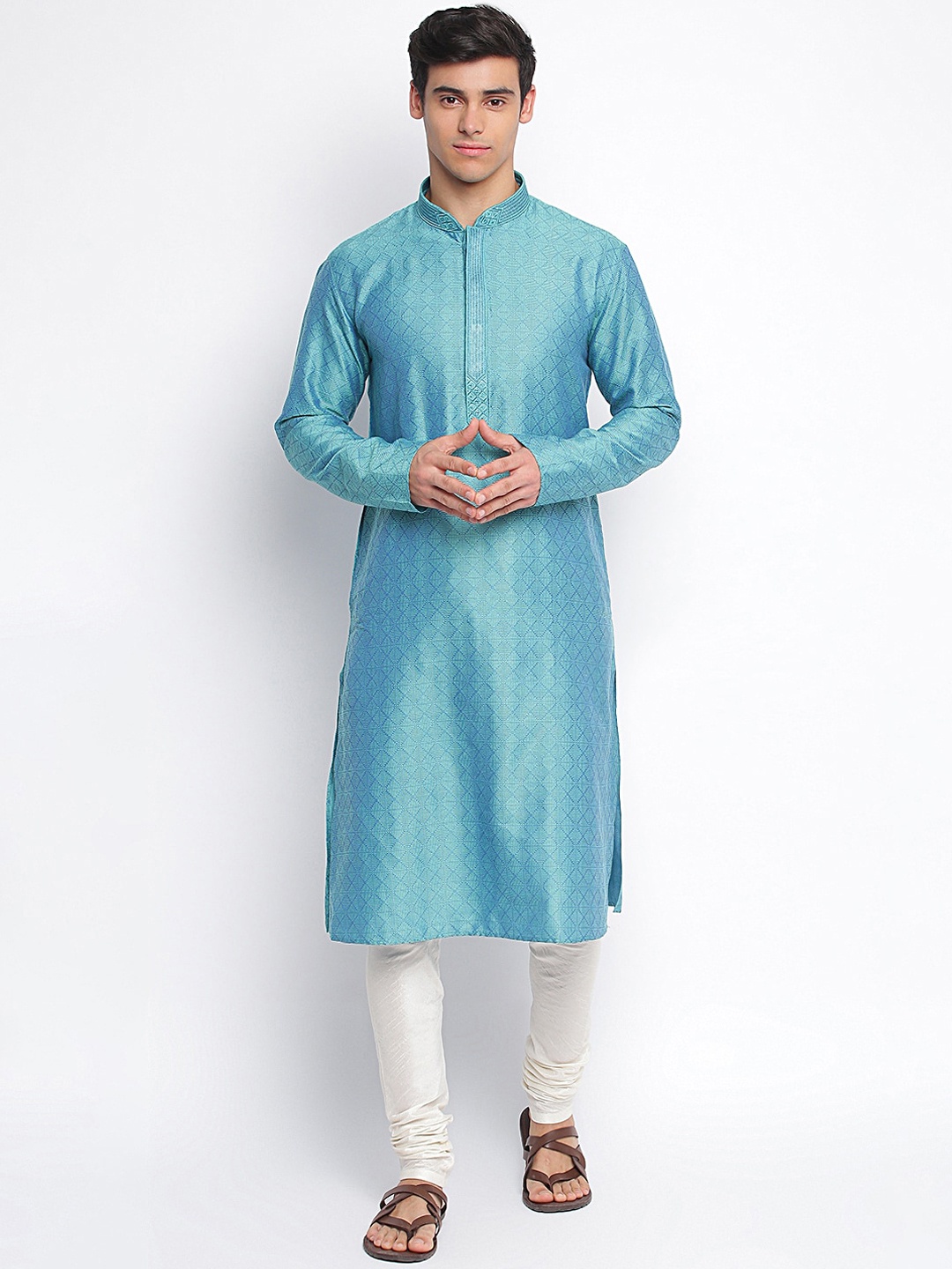 

Sanwara Men Blue & White Woven Design Art Silk Kurta With Churidar