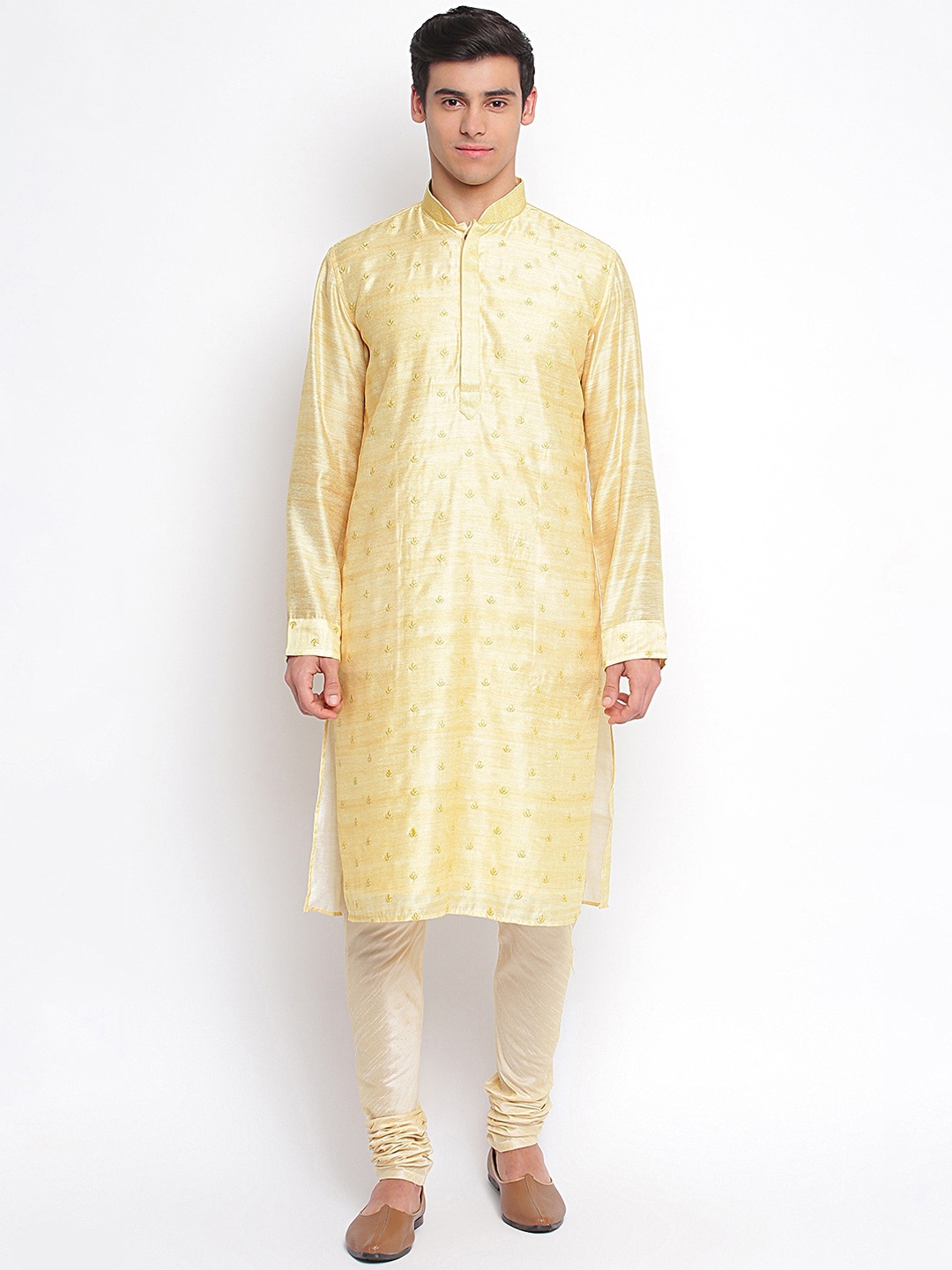 

Sanwara Men Yellow Ethnic Motifs Embroidered Regular Kurta with Churidar
