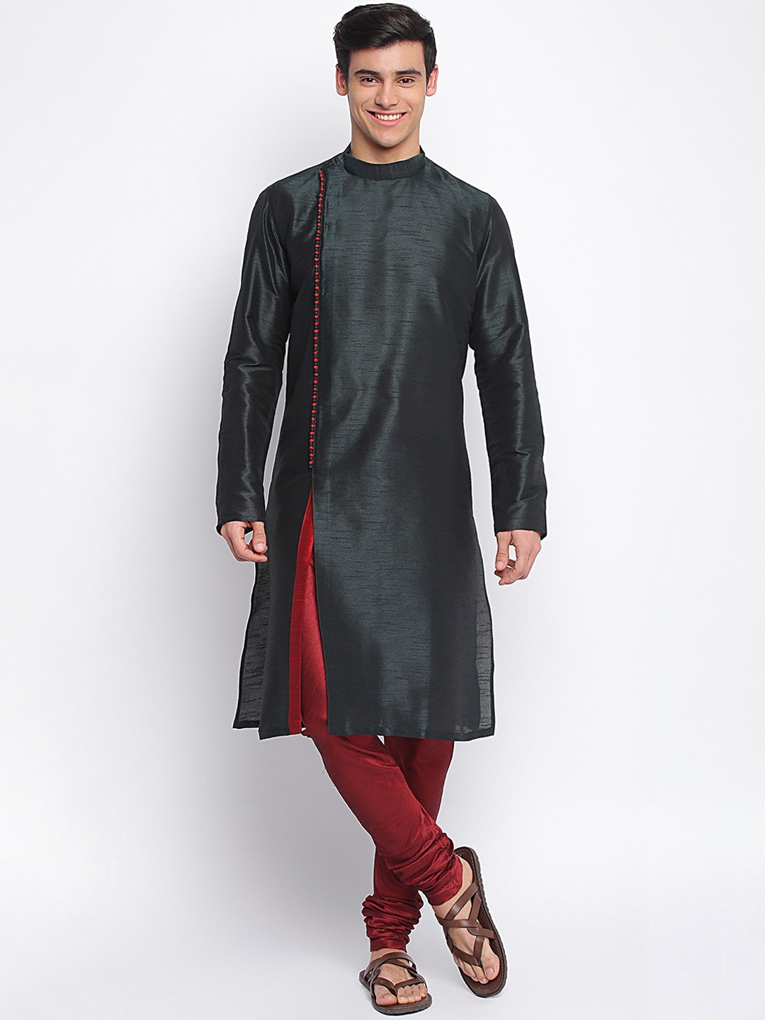 

Sanwara Men Green & Red Solid Art Silk Kurta With Churidar
