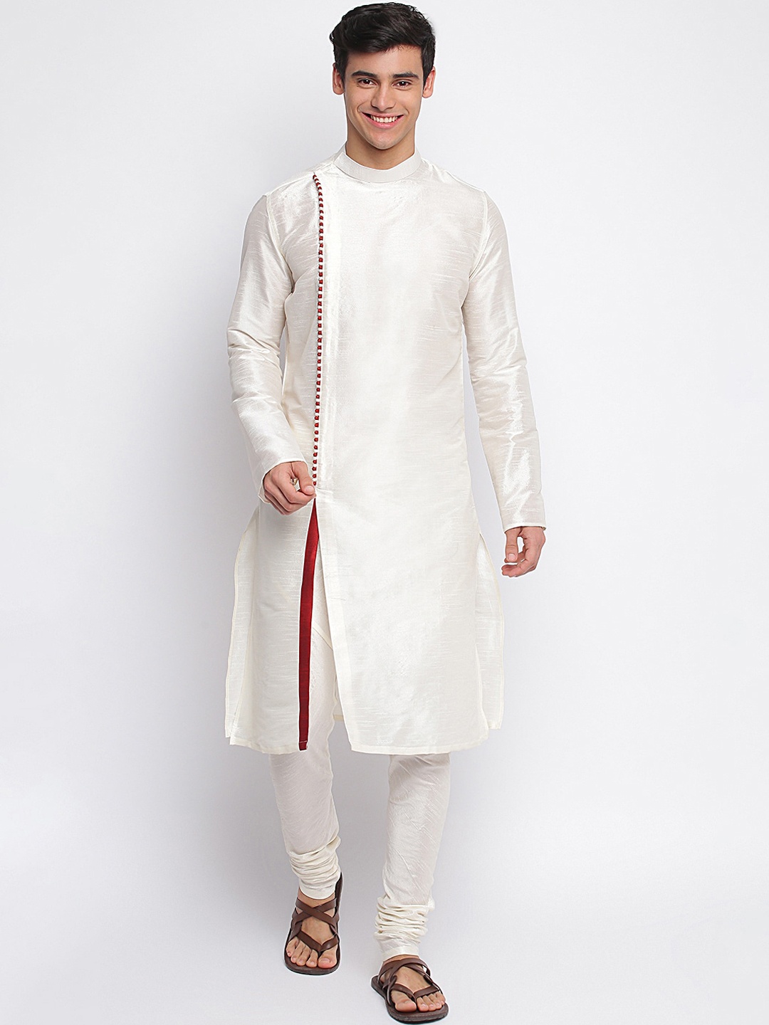 

Sanwara Men Cream & Red Solid Art Silk Kurta With Churidar