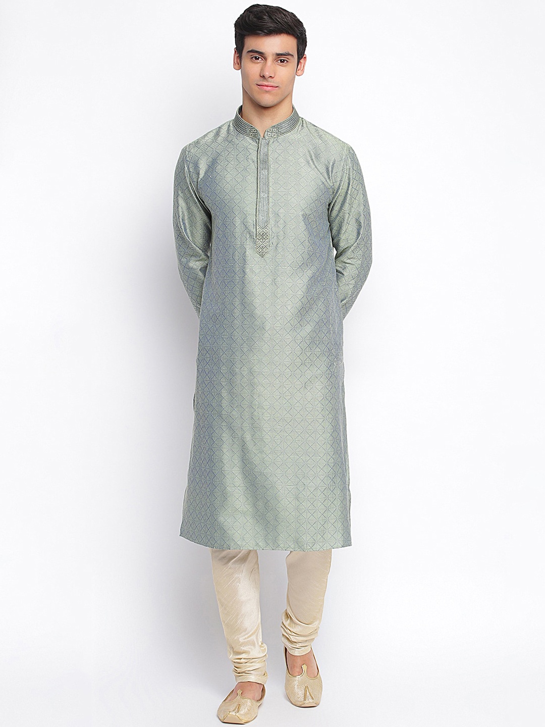 

Sanwara Men Grey Regular Art Silk Kurta with Churidar