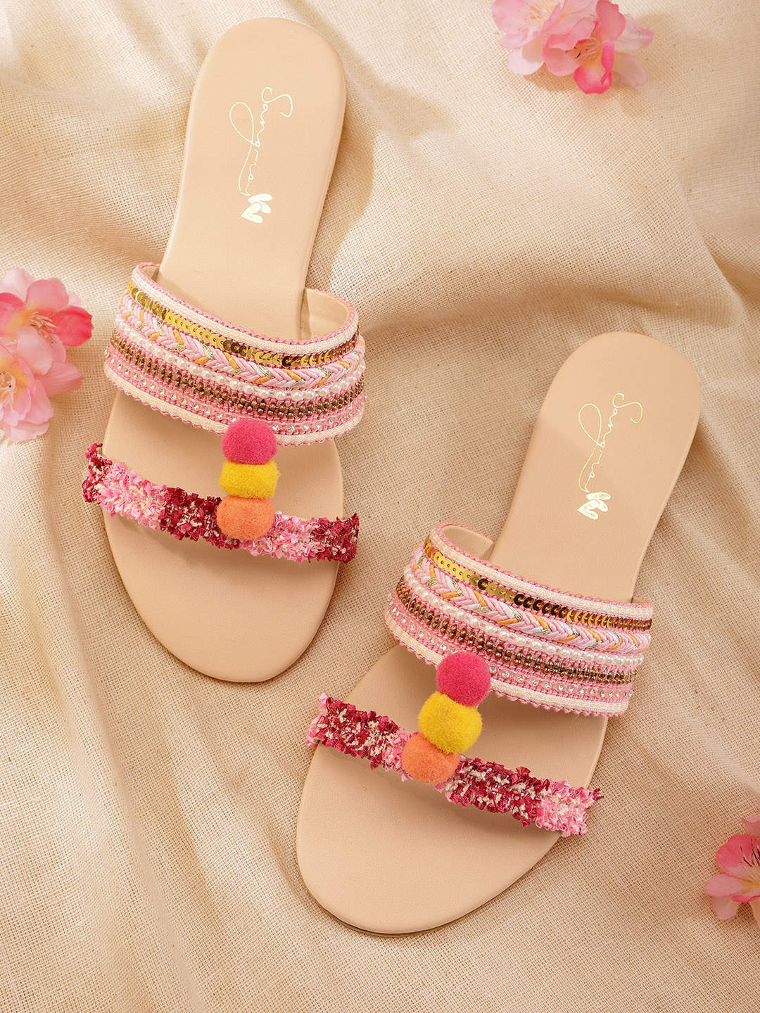 

Sangria Women Pink & White Woven Design Embellished Open Toe Flats