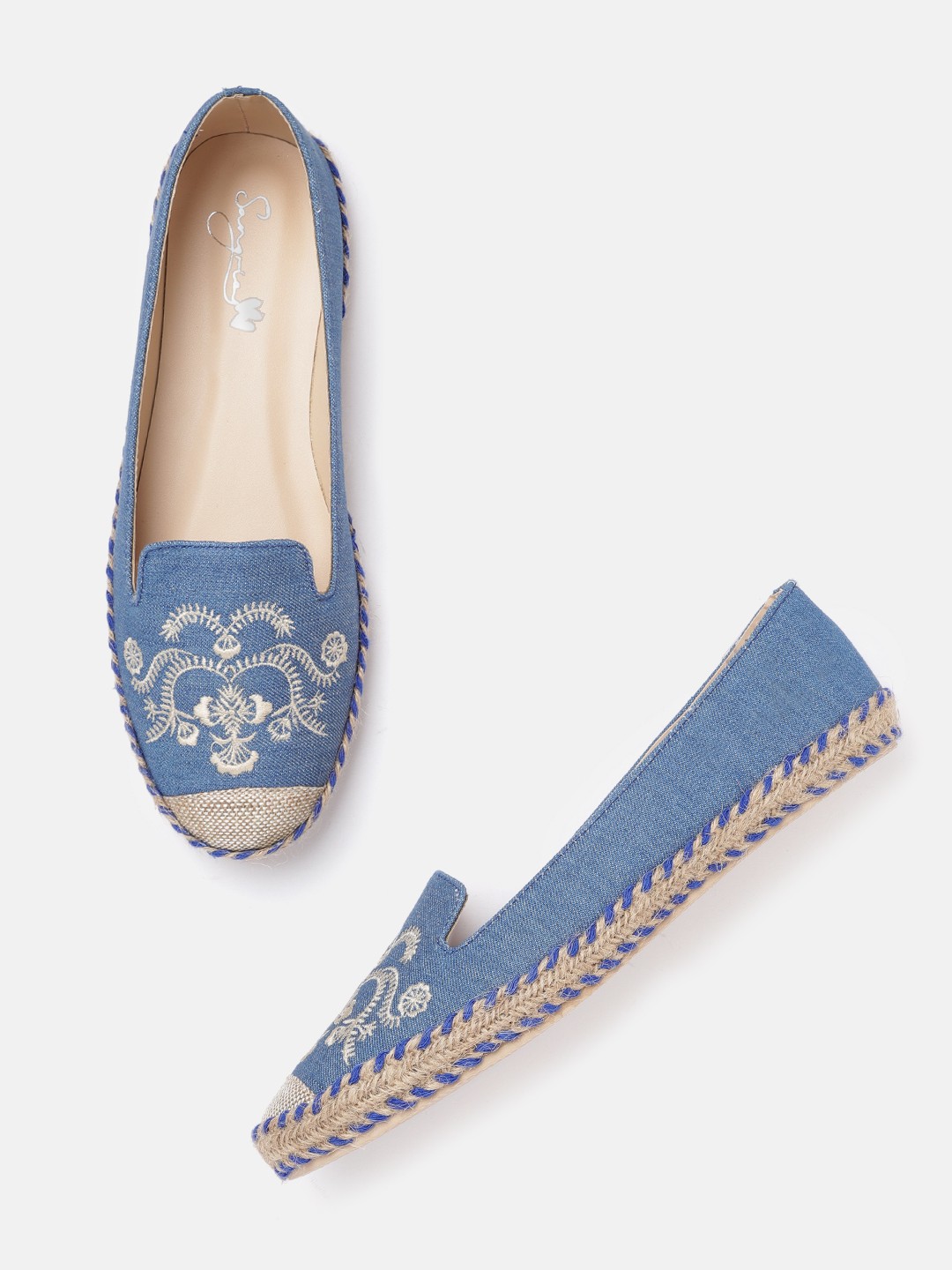 

Sangria Women Blue & Beige Embroidered Espadrilles Denim Ballerinas