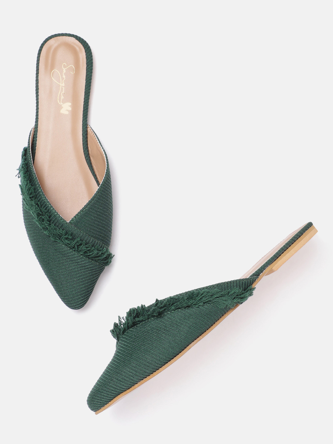 

Sangria Women Green Self-Striped Fringed Mules