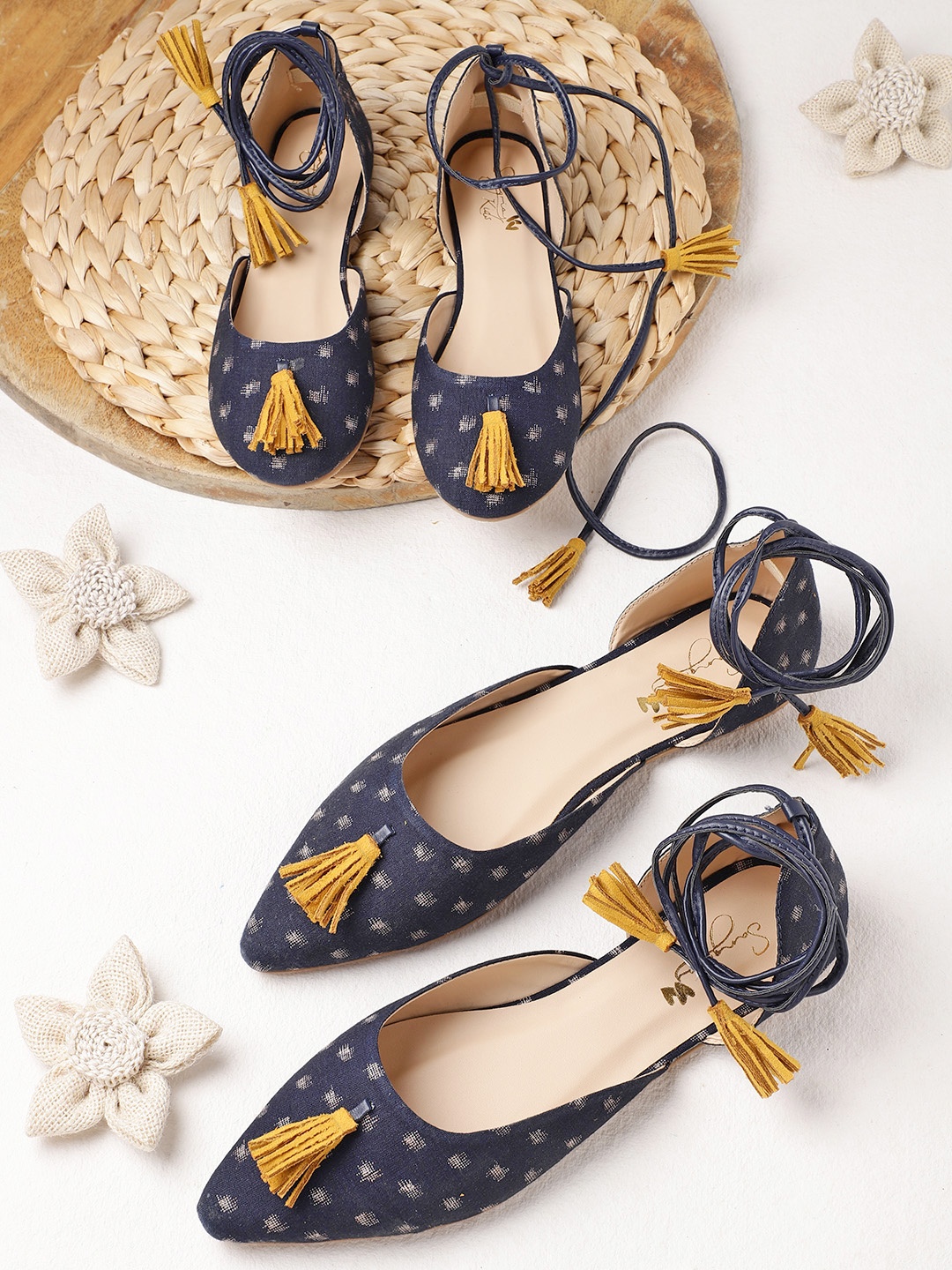 

Sangria Women Navy Blue & Off-White Woven Design Ballerinas with Tasselled Detail