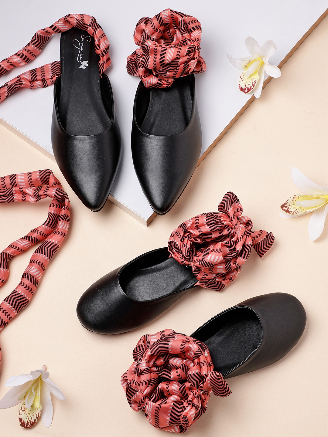 

Sangria Women Black & Coral Solid Mules with Printed Ankle Loop