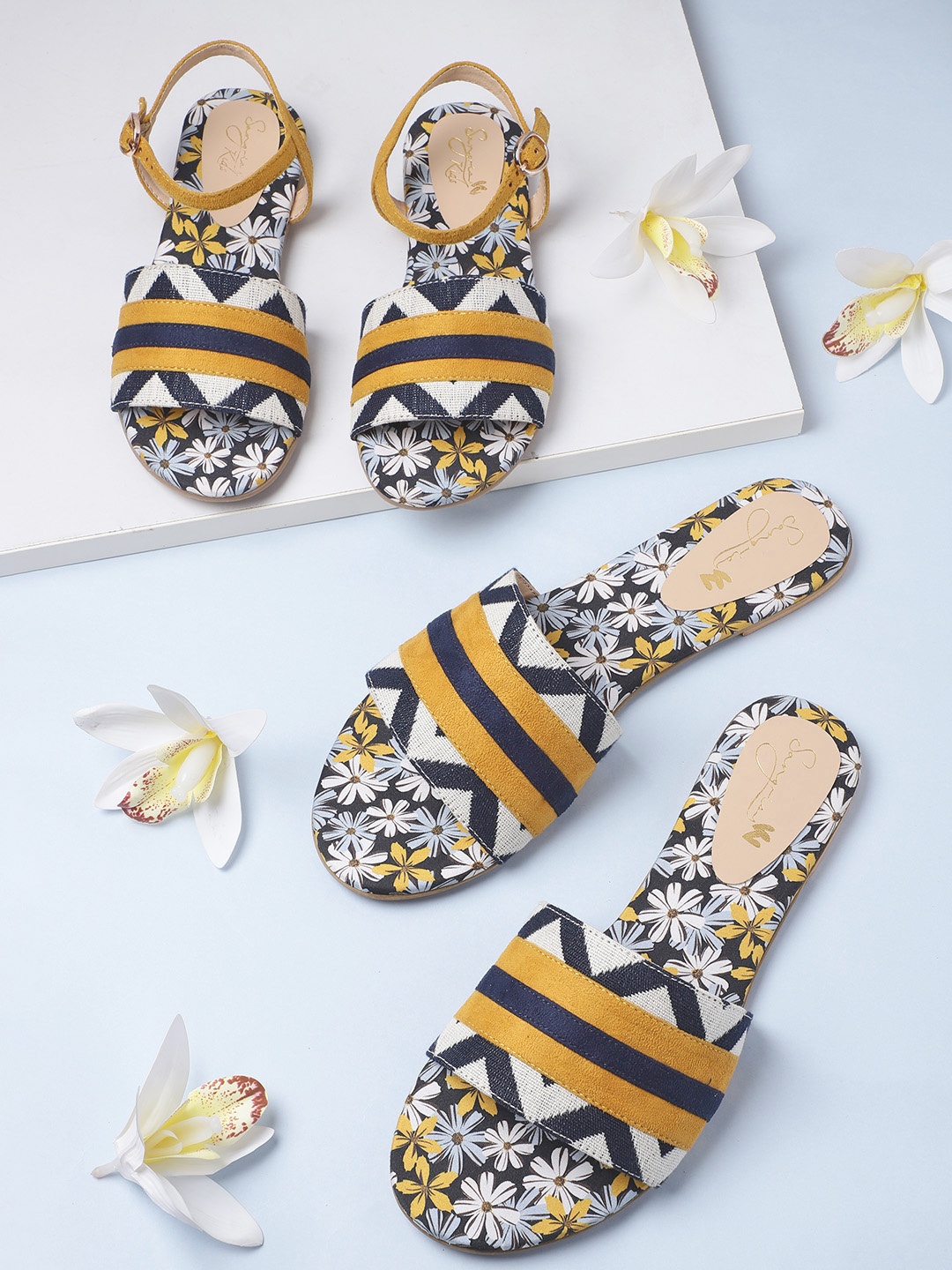 

Sangria Women Mustard Yellow & Navy Blue Striped Open Toe Flats