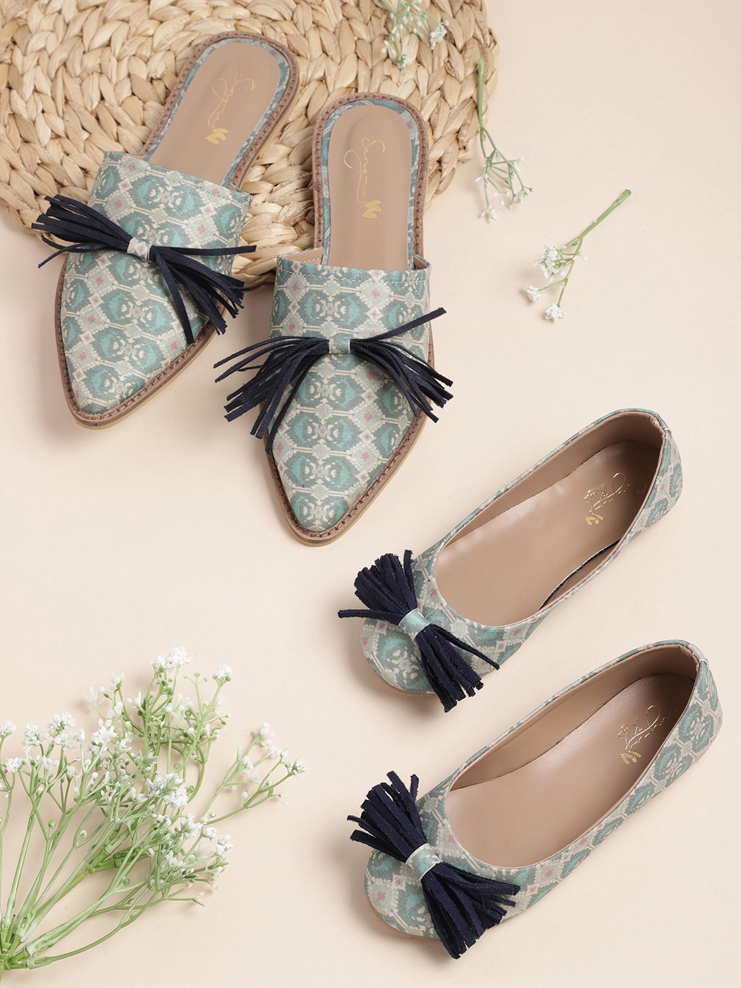 

Sangria Women Sea Green Ethnic Printed Mules with Tasselled Detail