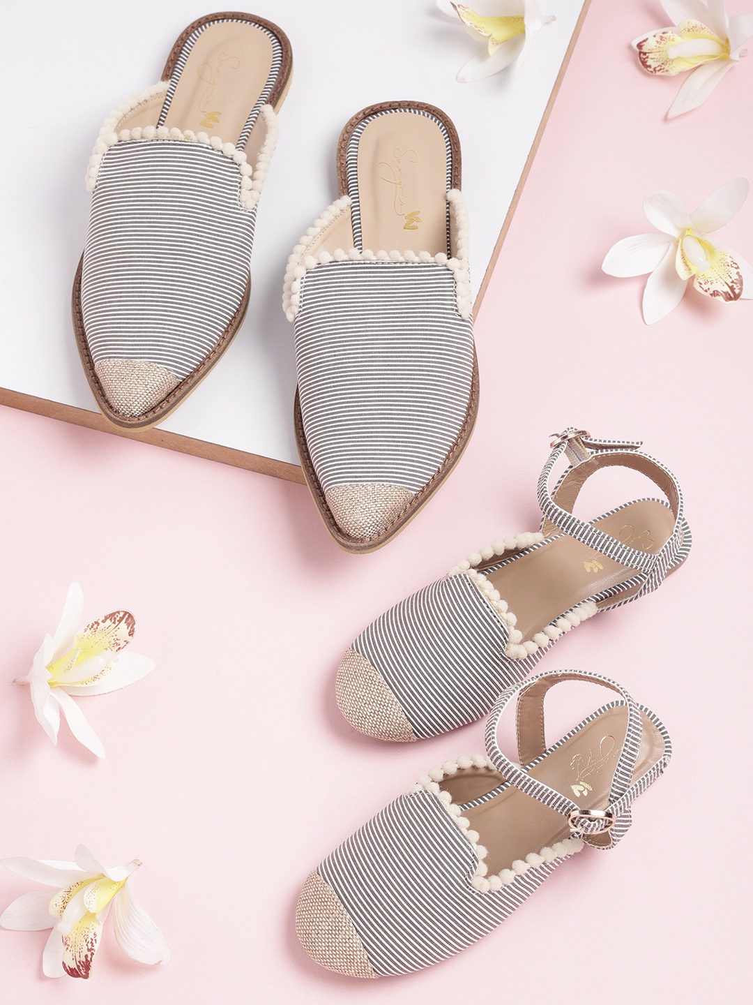 

Sangria Women Charcoal Grey & White Striped Mules with Pom-Pom and Espadrille Detail