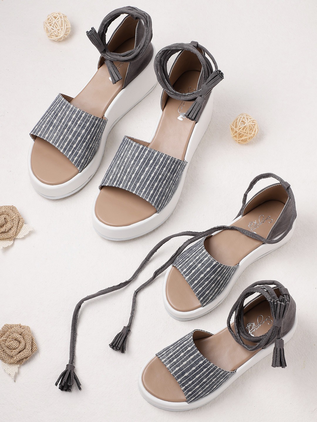 

Sangria Navy Blue & Grey Striped Mid-Top Lace-Up Wedges