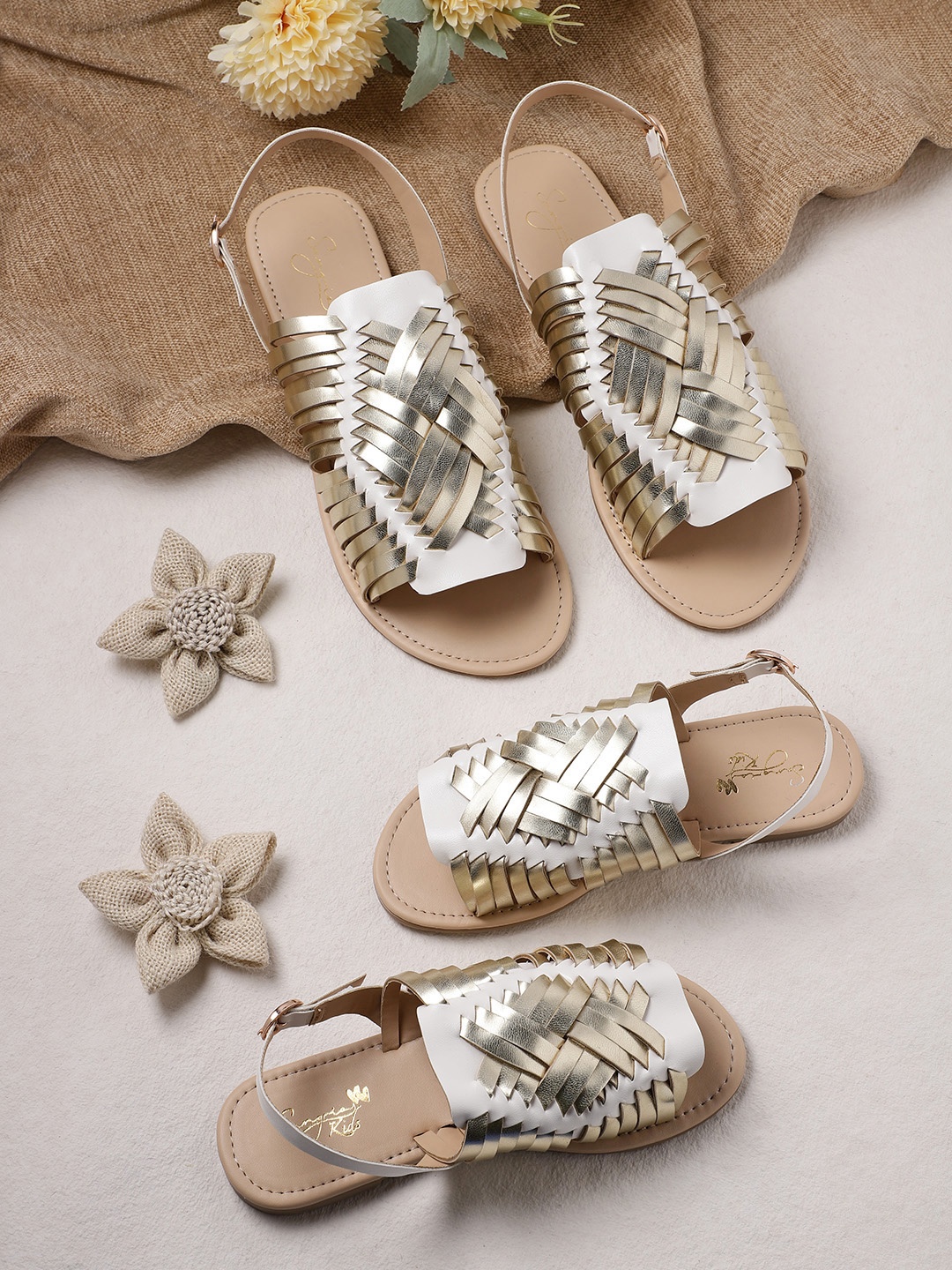 

Sangria Women Gold-Toned & White Braided Woven Design Mules Flats