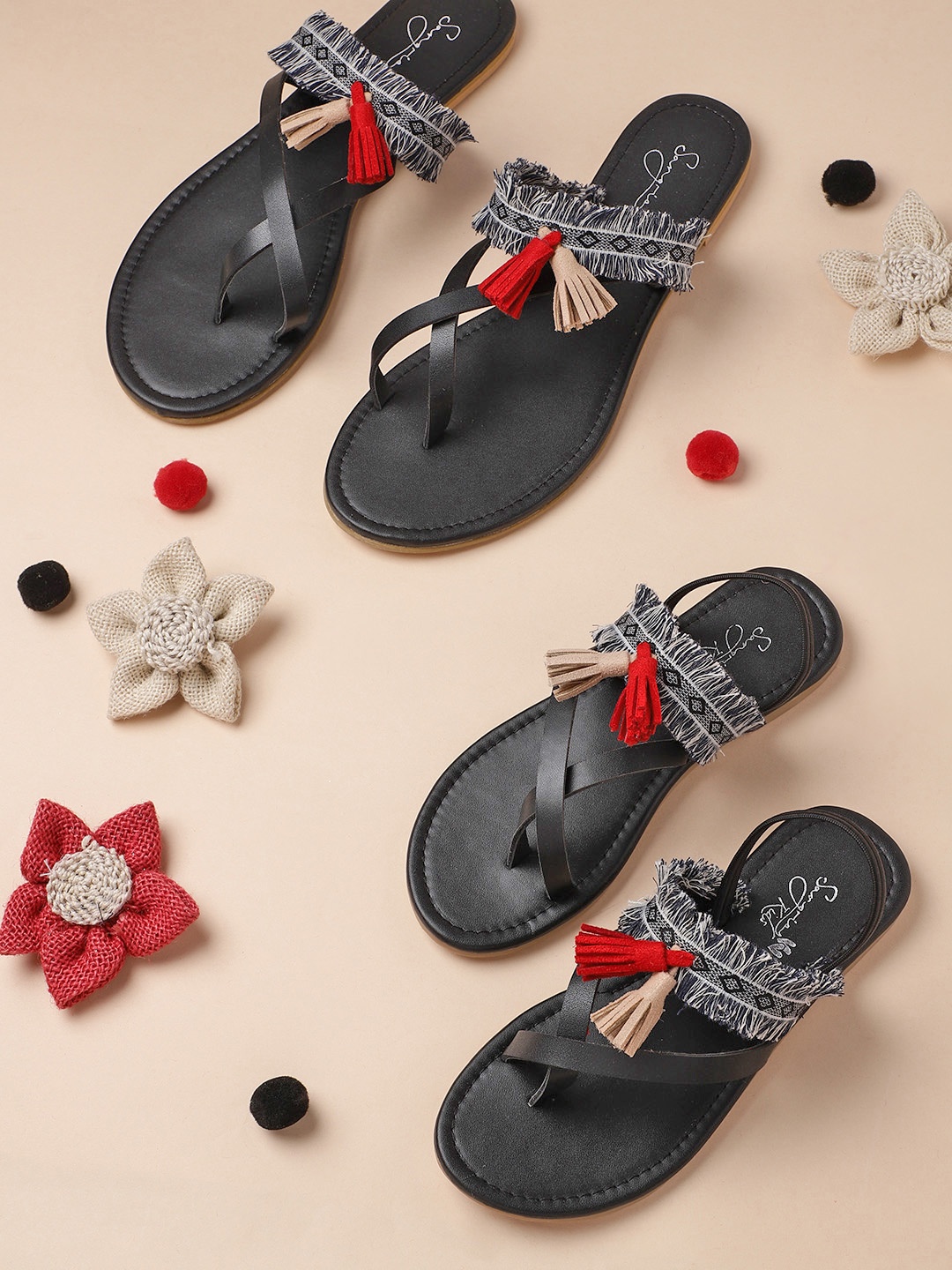 

Sangria Women Black Woven Design One Toe Flats with Tassels & Fringes