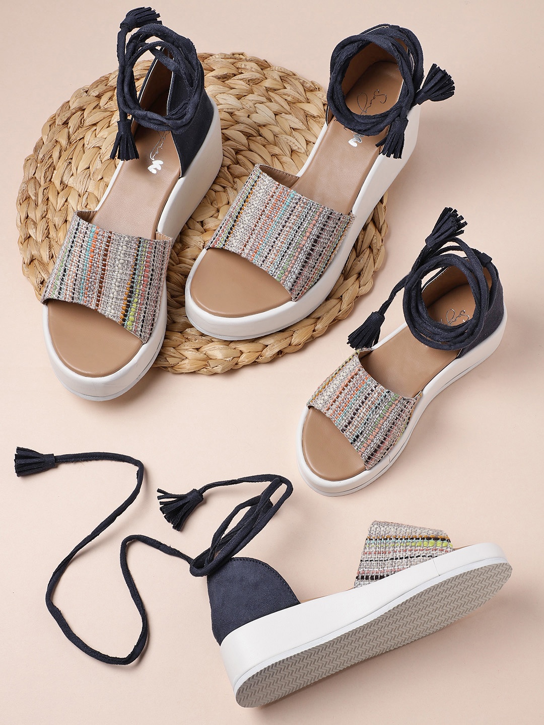 

Sangria Multicoloured Self-Striped Mid-Top Lace-Up Wedges, Multi