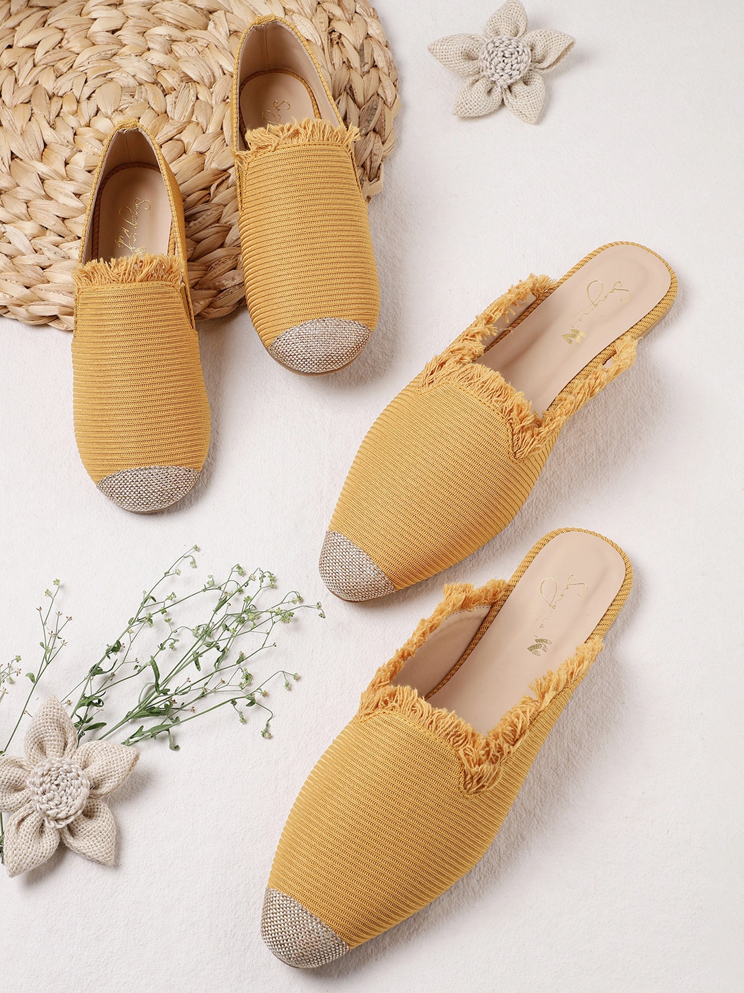 

Sangria Women Mustard Yellow Striped Woven Design Frayed Mules