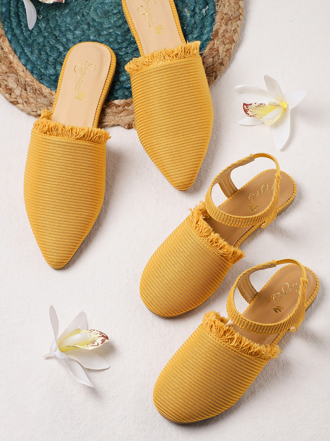 

Sangria Women Mustard Yellow Striped Woven Design Frayed Mules