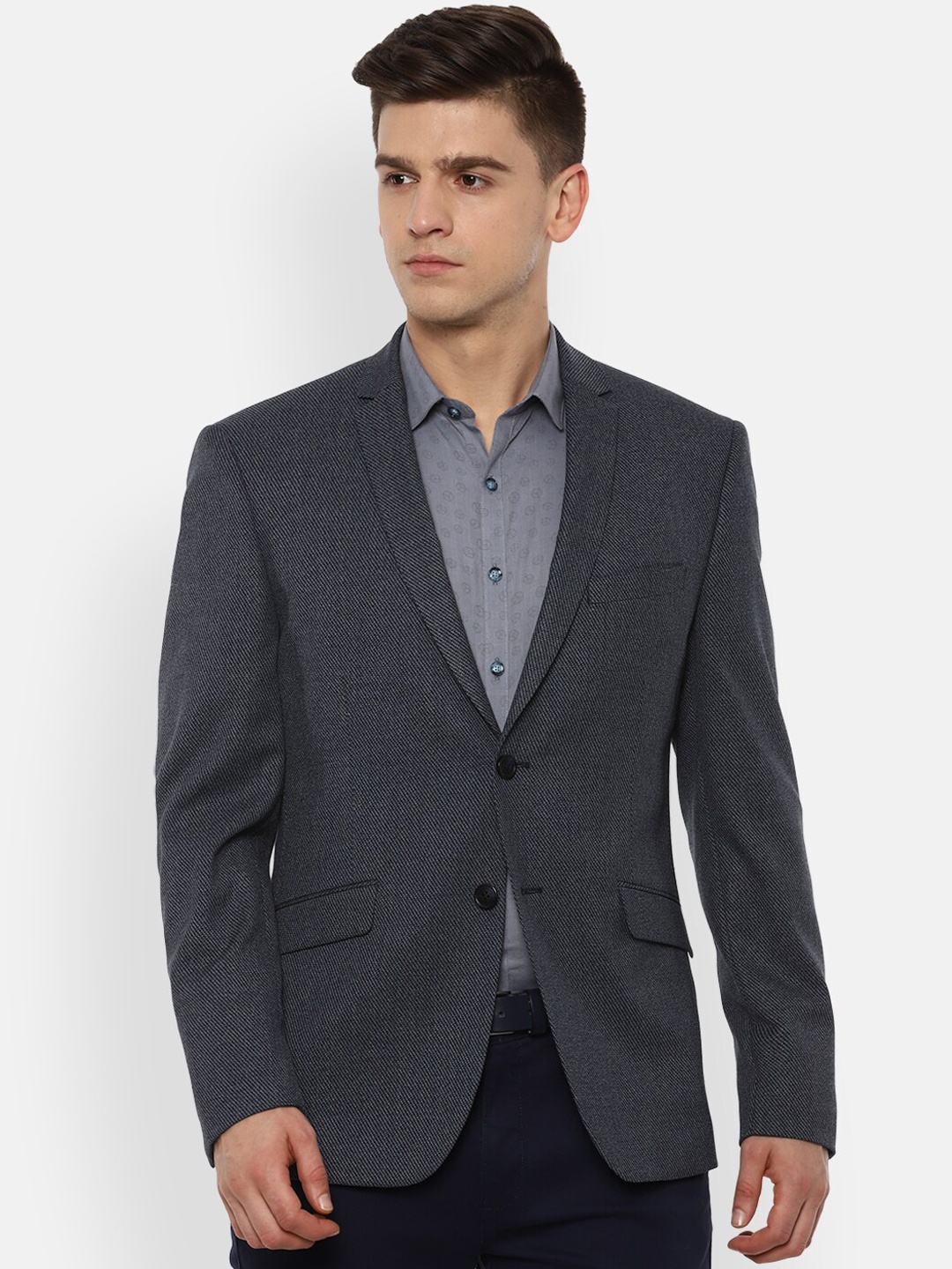 

V Dot Men Grey Self-Design Slim-Fit Single-Breasted Formal Blazer