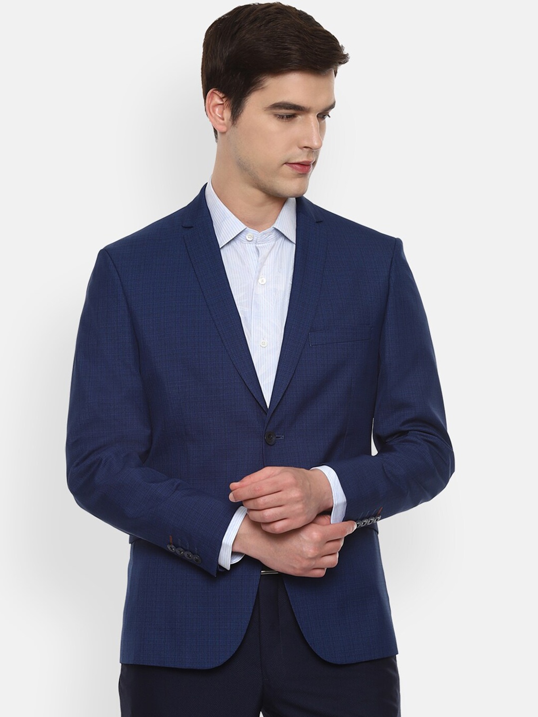 

V Dot Men Navy Blue Checked Slim-Fit Single-Breasted Formal Blazer