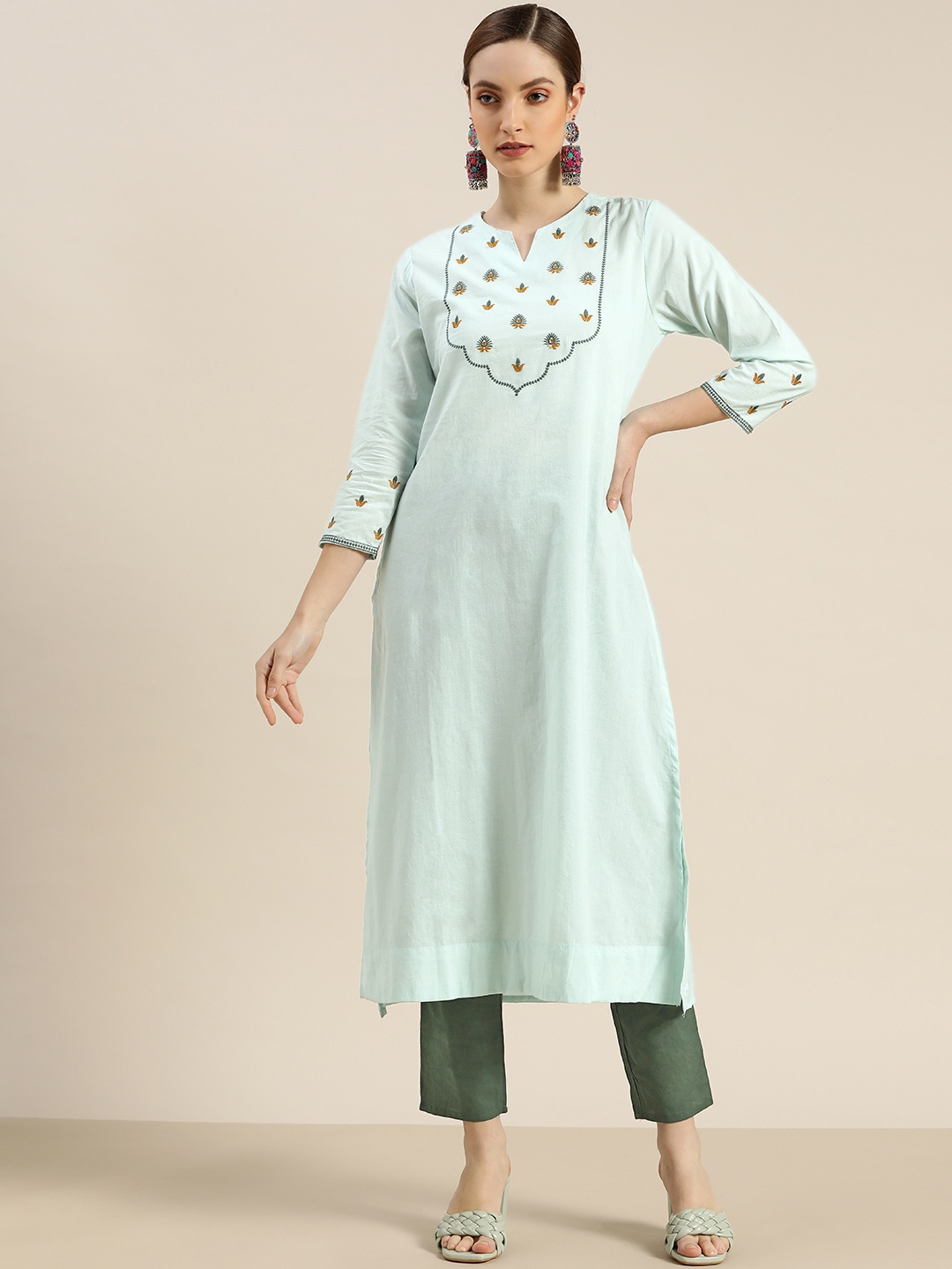

Moda Rapido Women Sea Green Embroidered Regular Pure Cotton Kurta with Trousers