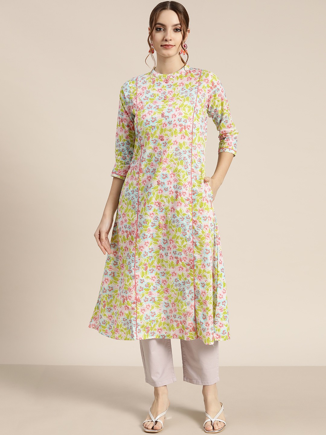 

Moda Rapido Women White & Green Cotton Floral Print A-Line Kurta