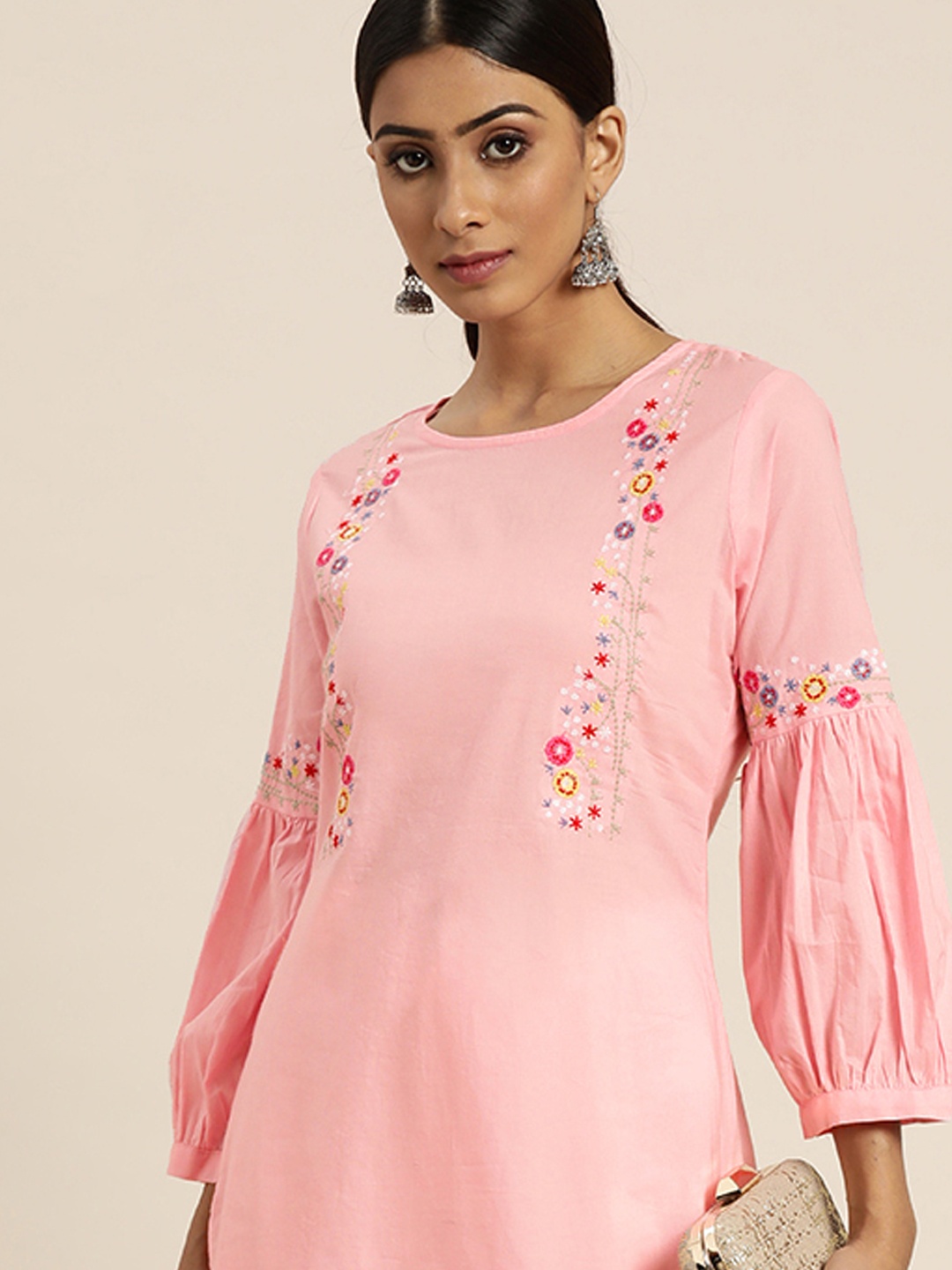 

Moda Rapido Women Pink Floral Embroidered Yoke Design Straight Kurta