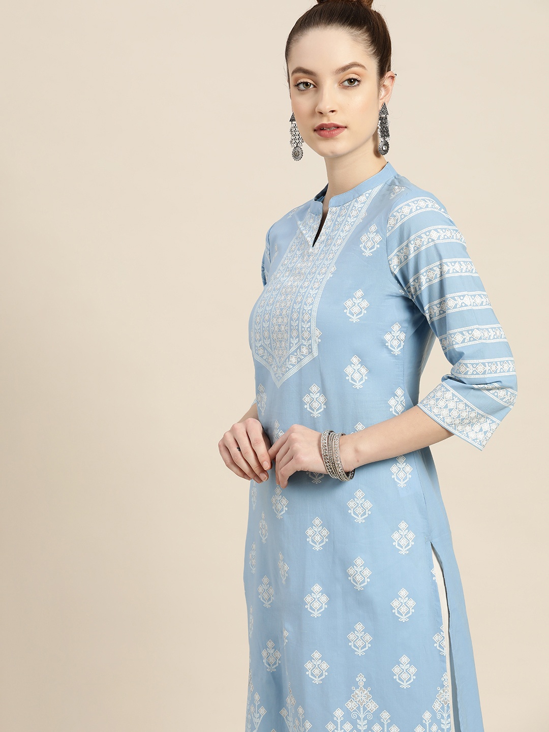 

Moda Rapido Women Blue & White Pure Cotton Ethnic Motifs Printed Kurta