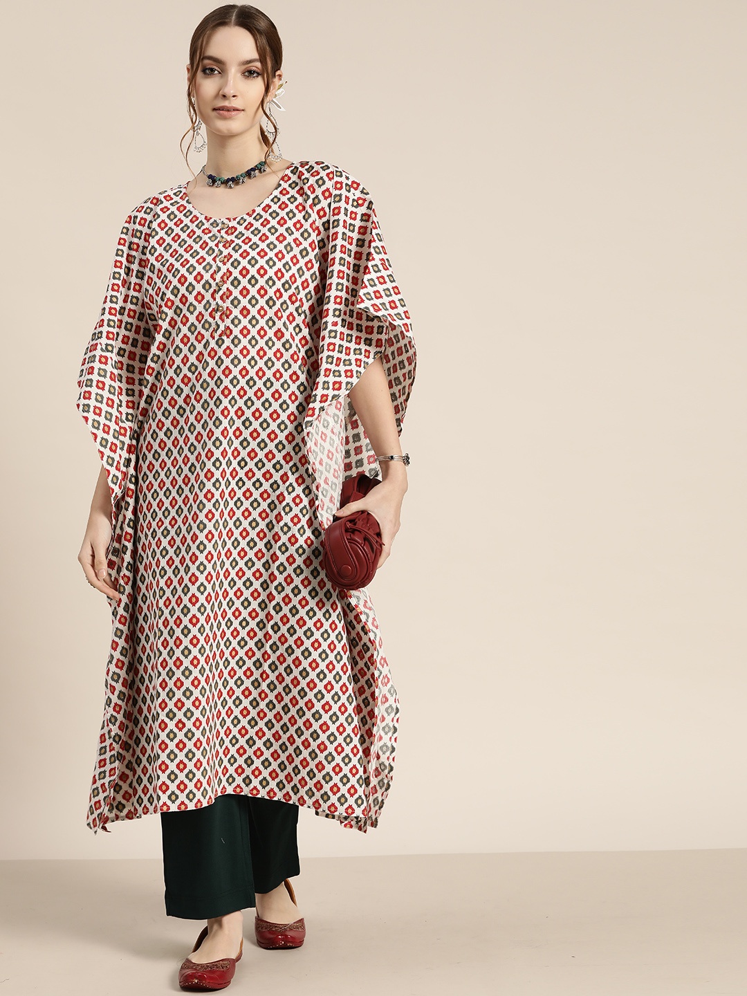 

Moda Rapido Women Off White & Red Ethnic Motifs Printed Pure Cotton Kaftan Kurta