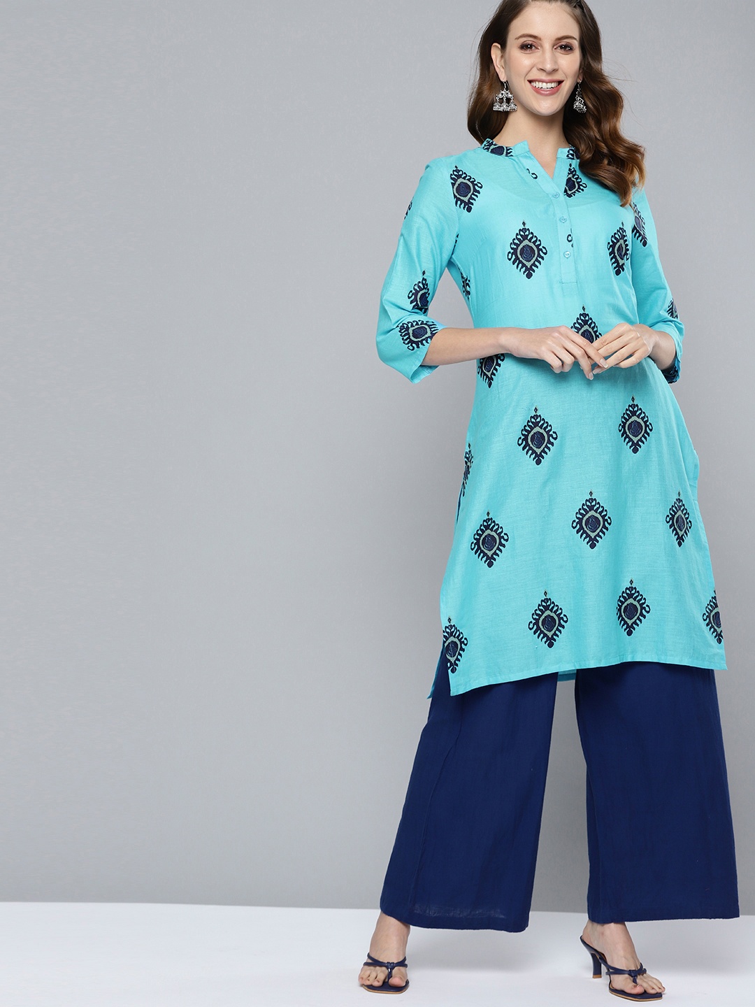 

HERE&NOW Women Blue Ethnic Motifs Printed Pure Cotton Kurta