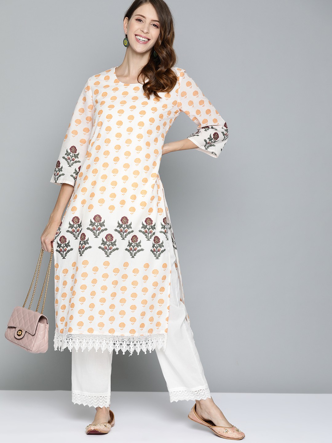 

HERE&NOW Women Off White & Yellow Ethnic Motifs Printed Pure Cotton Straight Kurta