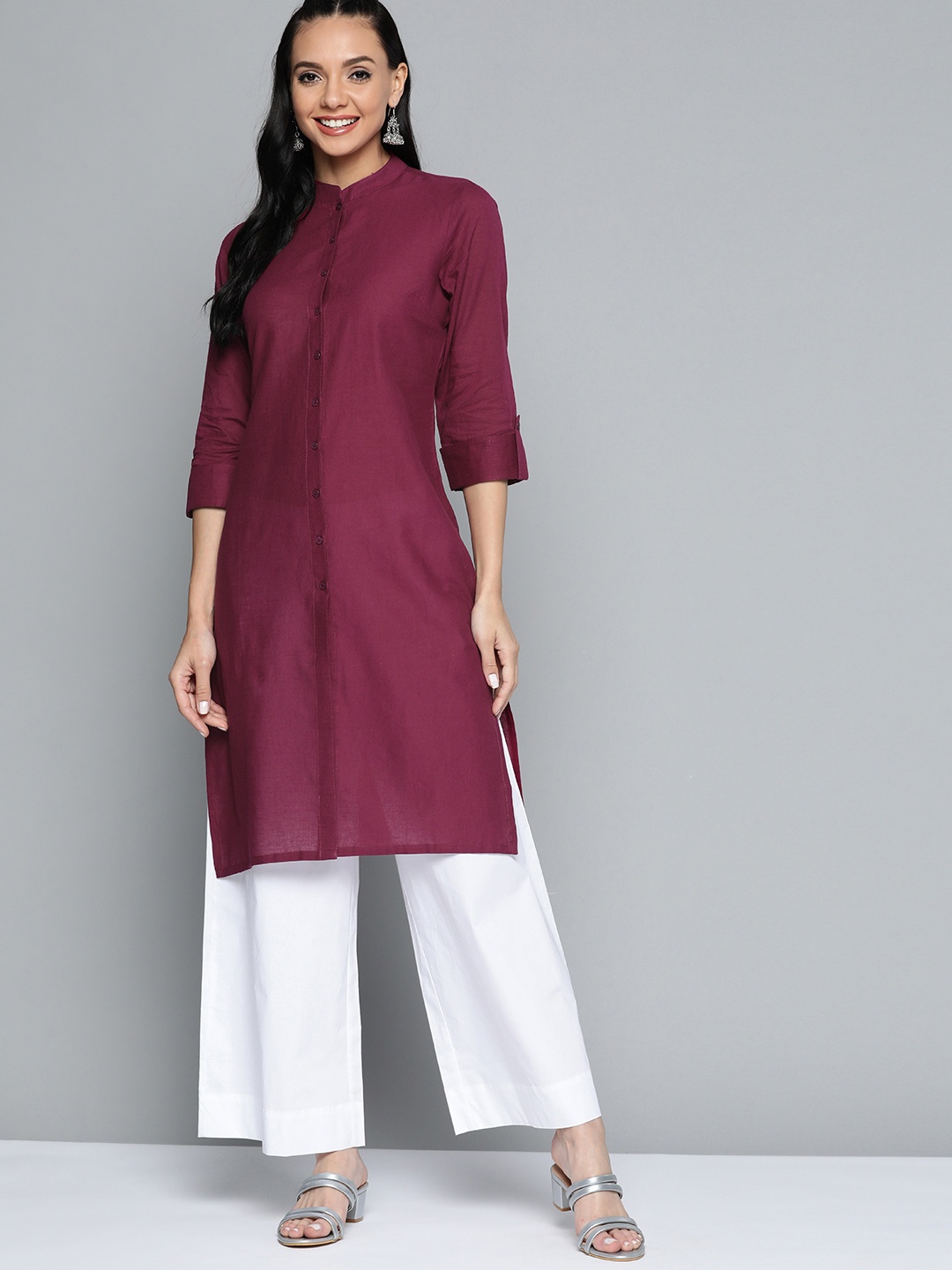 

HERE&NOW Women Magenta Solid Straight Pure Cotton Kurta