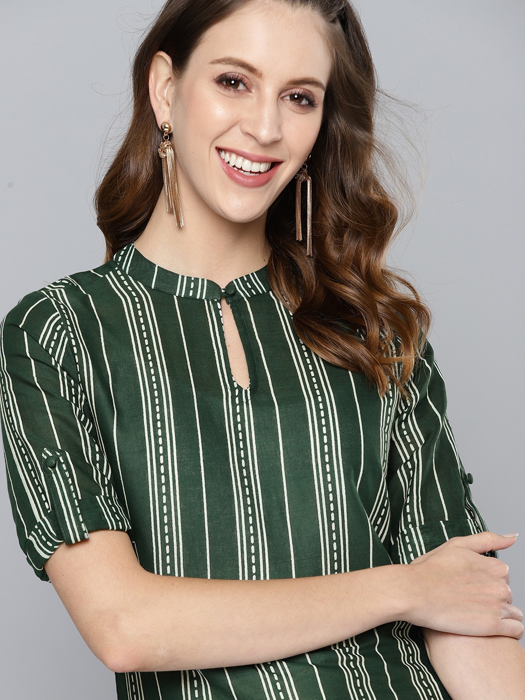 

HERE&NOW Women Green & White Striped Straight Kurta