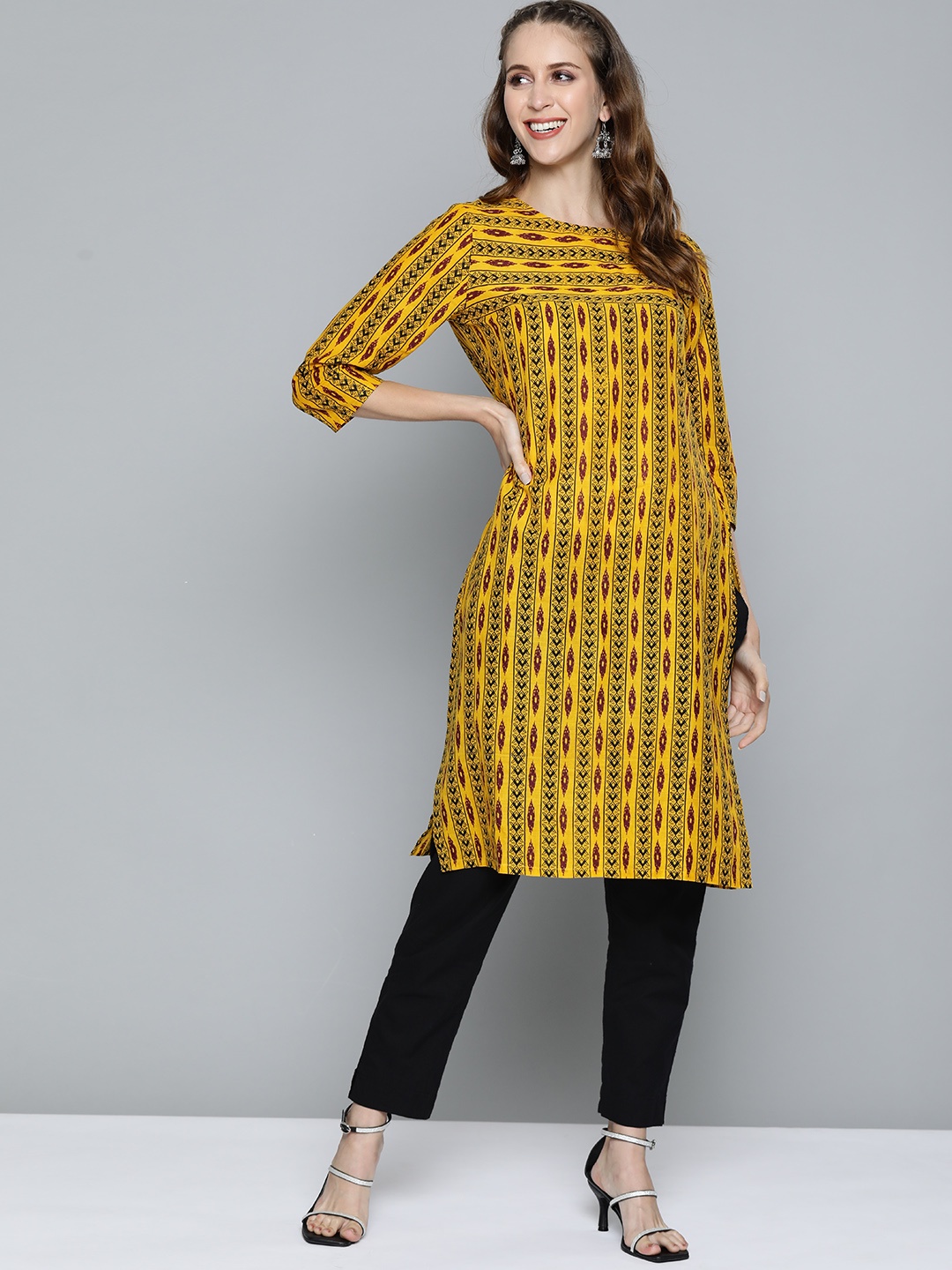 

HERE&NOW Women Yellow & Maroon Pure Cotton Ethnic Motifs Printed Kurta