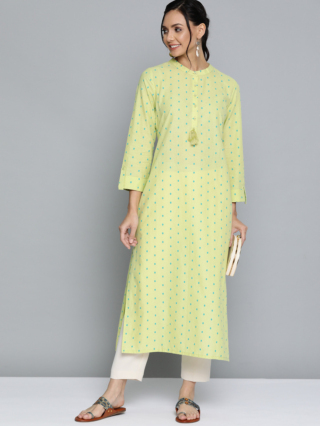 

HERE&NOW Women Lime Green & Blue Pure Cotton Printed Straight Kurta